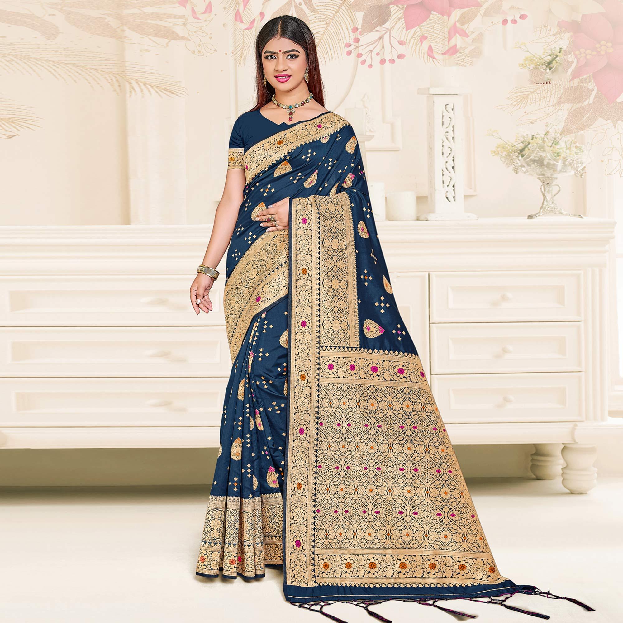 Peachmode Dark Blue Festive Wear Woven Jari Border Soft Silk Saree