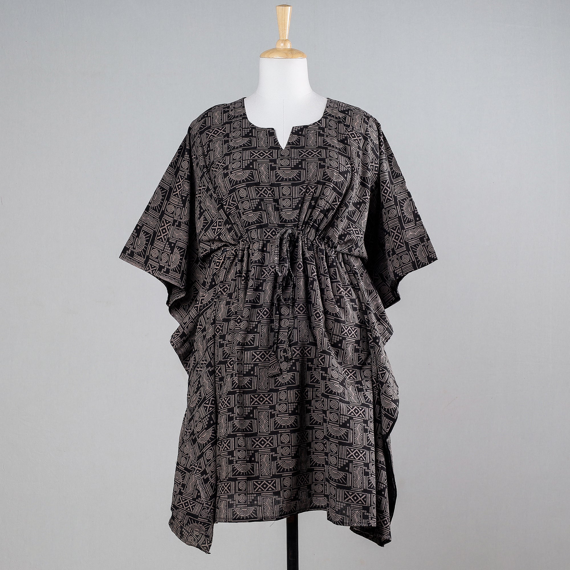 KACHCHH JI CHHAAP Black - Ajrakh Block Printed Cotton Kaftan with Tie-Up Waist (Medium)