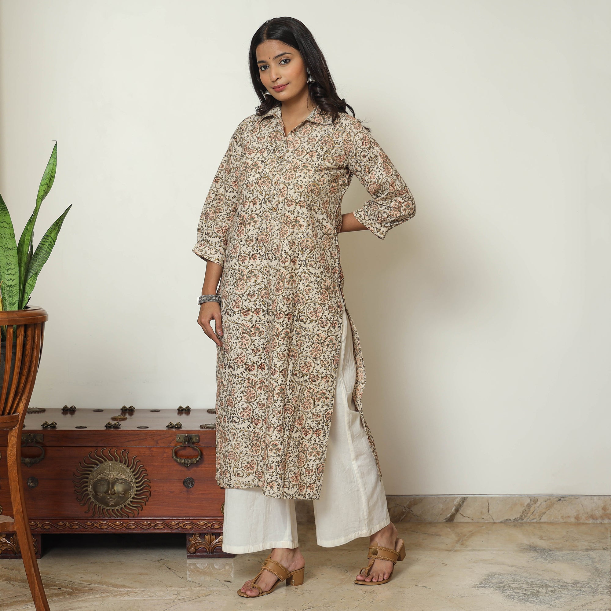 ITOKRI CASUALS Beige - Pedana Kalamkari Hand Block Printed Cotton Straight Kurta 04 - view 7