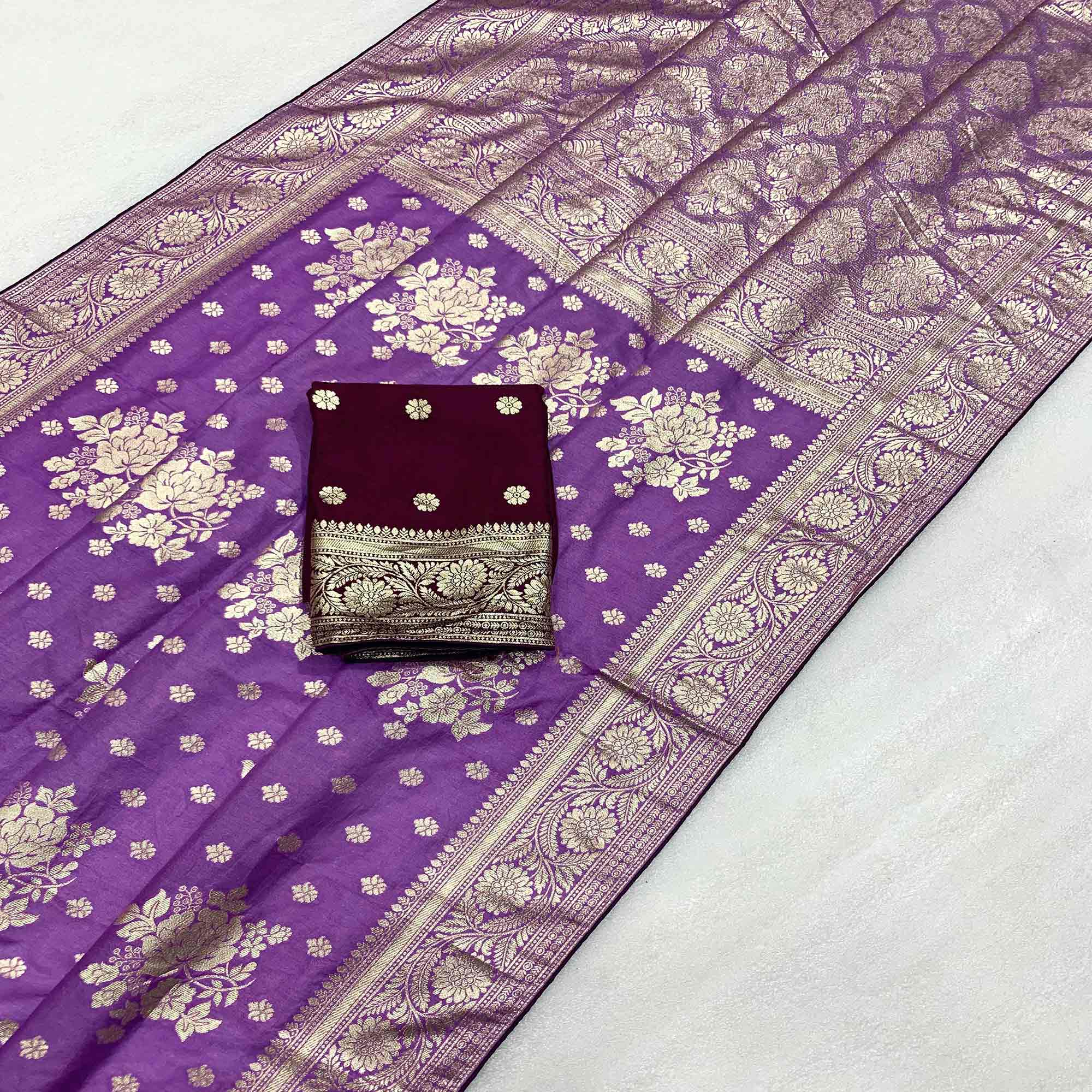 Peachmode Lavender Floral Woven Dola Silk Saree