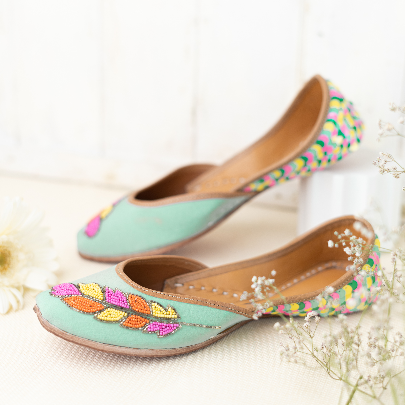BlackTree Mint Green Sequins and Beaded Leaf Jutti - view 5