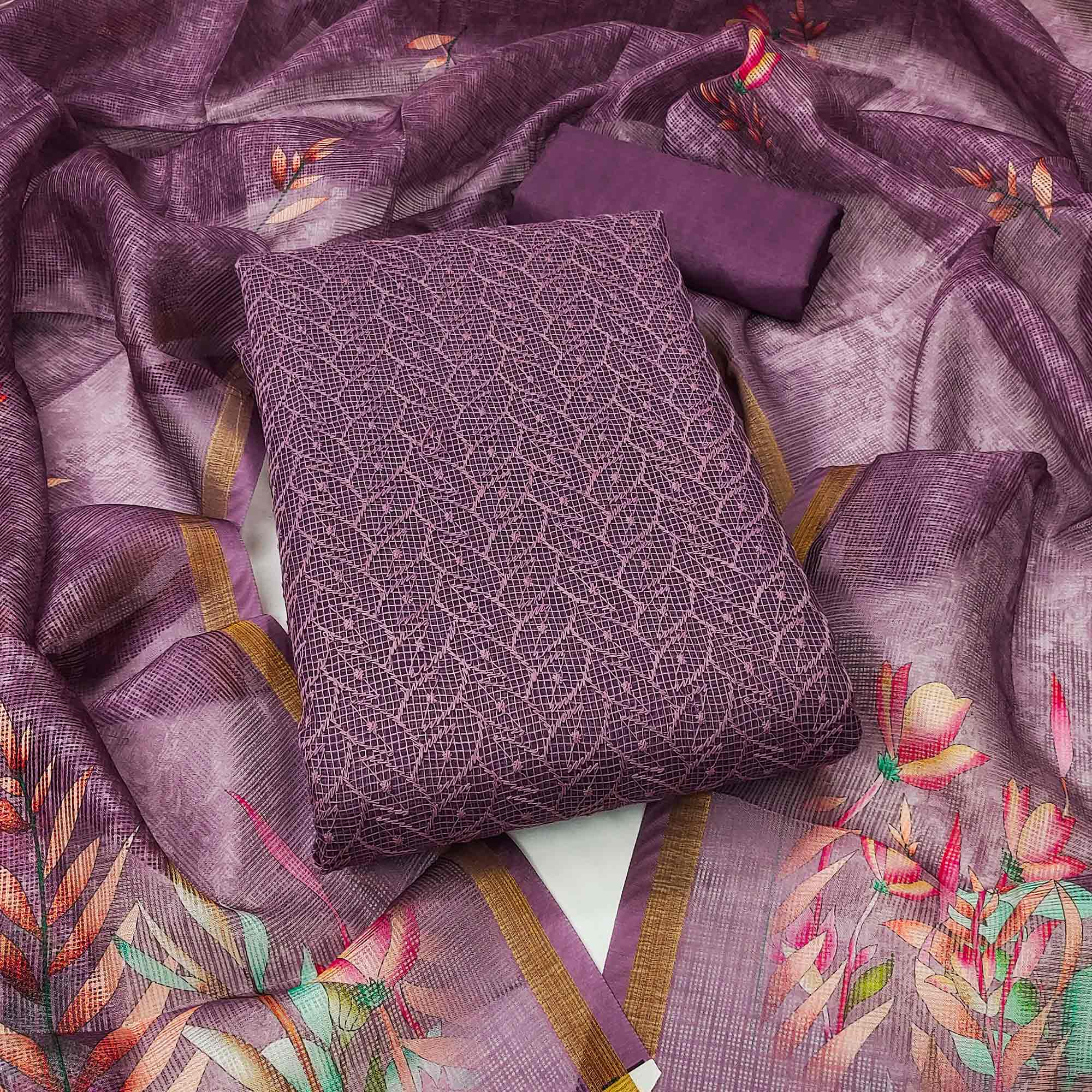 Peachmode Purple Embroidered Kota Doria Dress Material