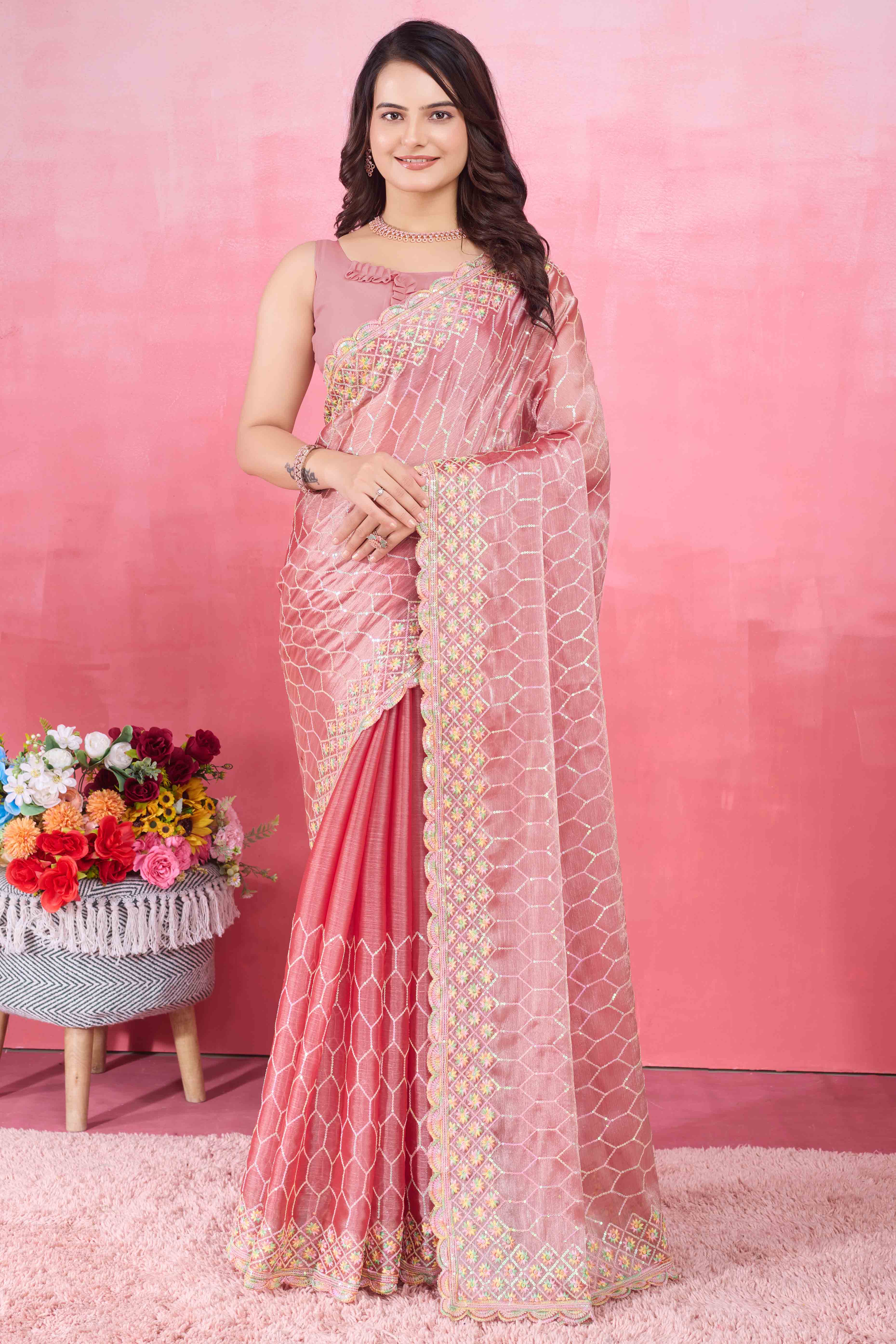 Peachmode Gajari Pink Floral Sequins Embroidered Mulberry Silk Saree