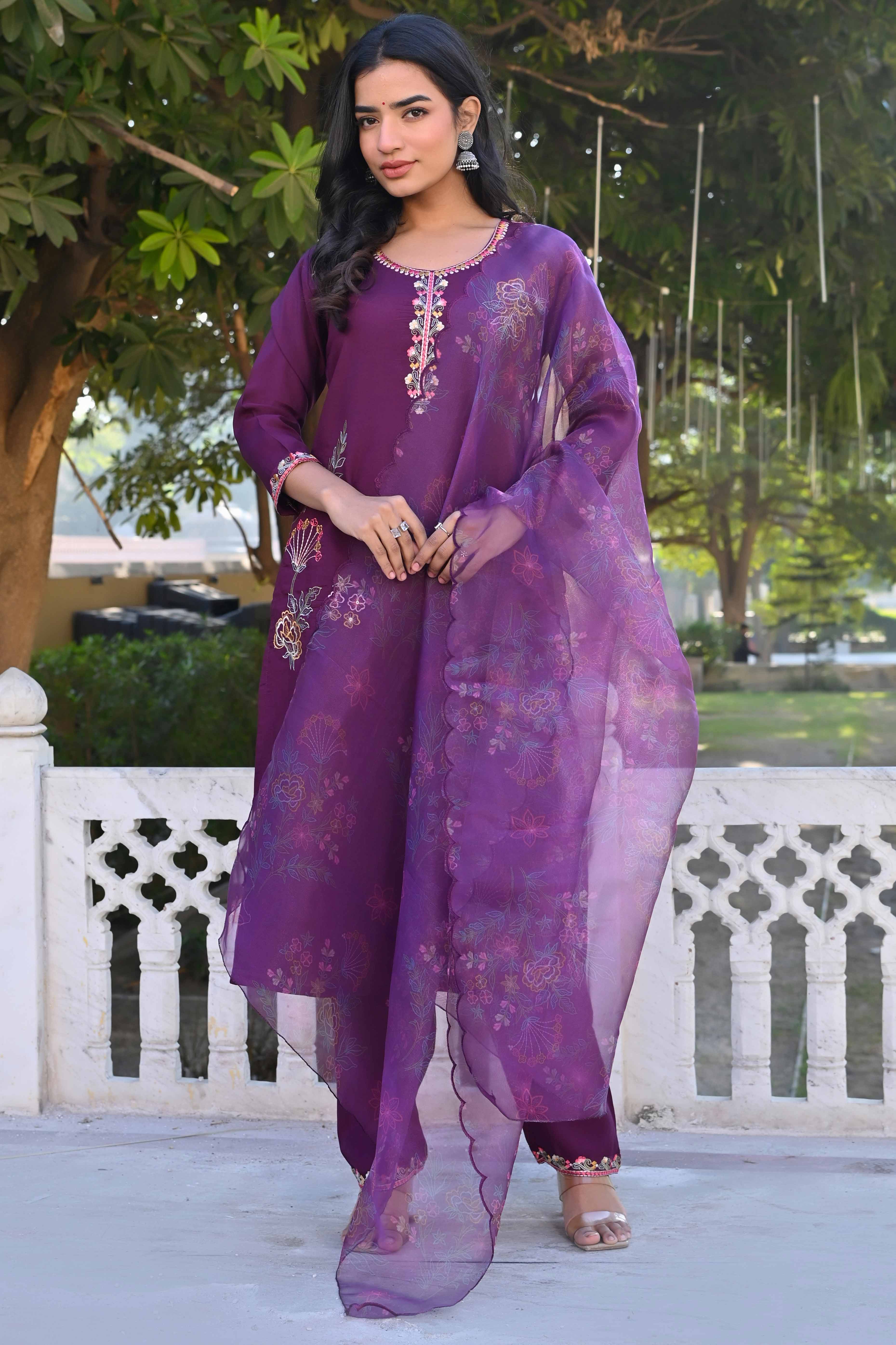 Peachmode Dark Purple Floral Hand Work Viscose Straight Salwar Suit
