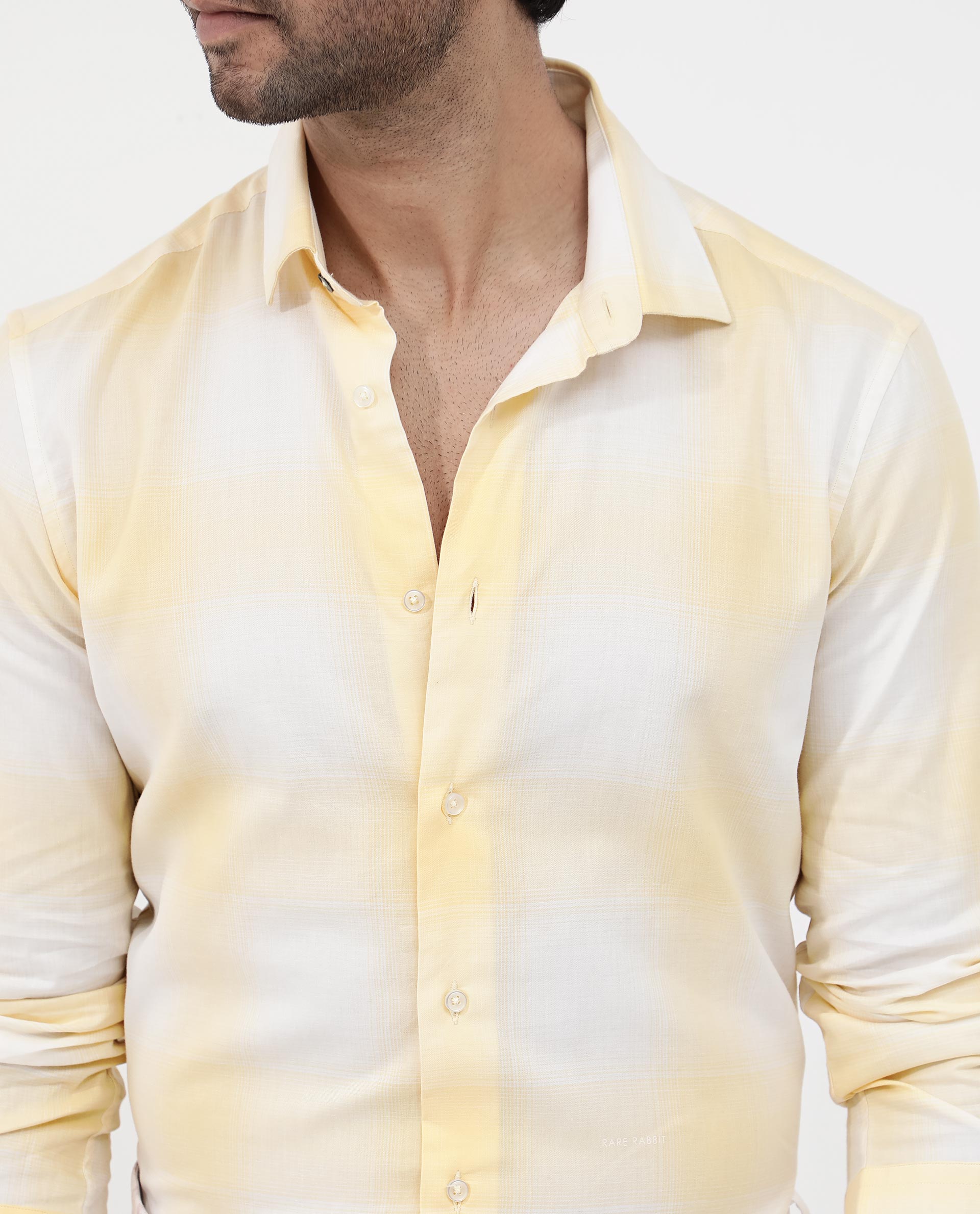 Rare Rabbit Mens Gabin Light Yellow Cotton Fabric Full Sleeve Checks Shirt - view 5