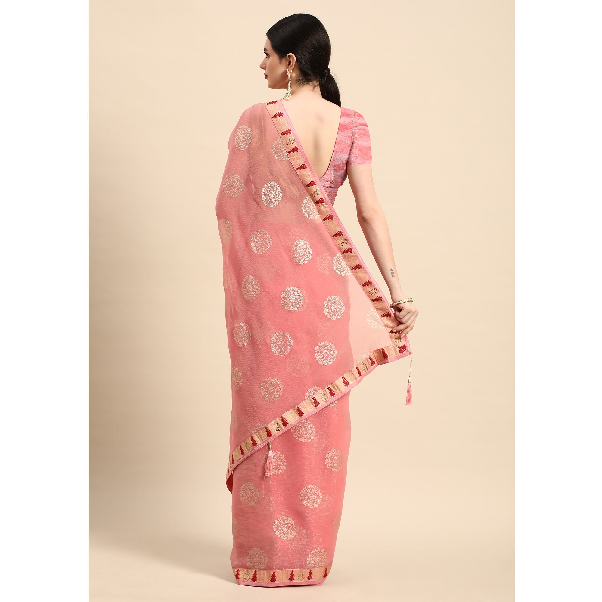 Peachmode Light Pink Foil Printed With Swarovski Chiffon Saree - view 4