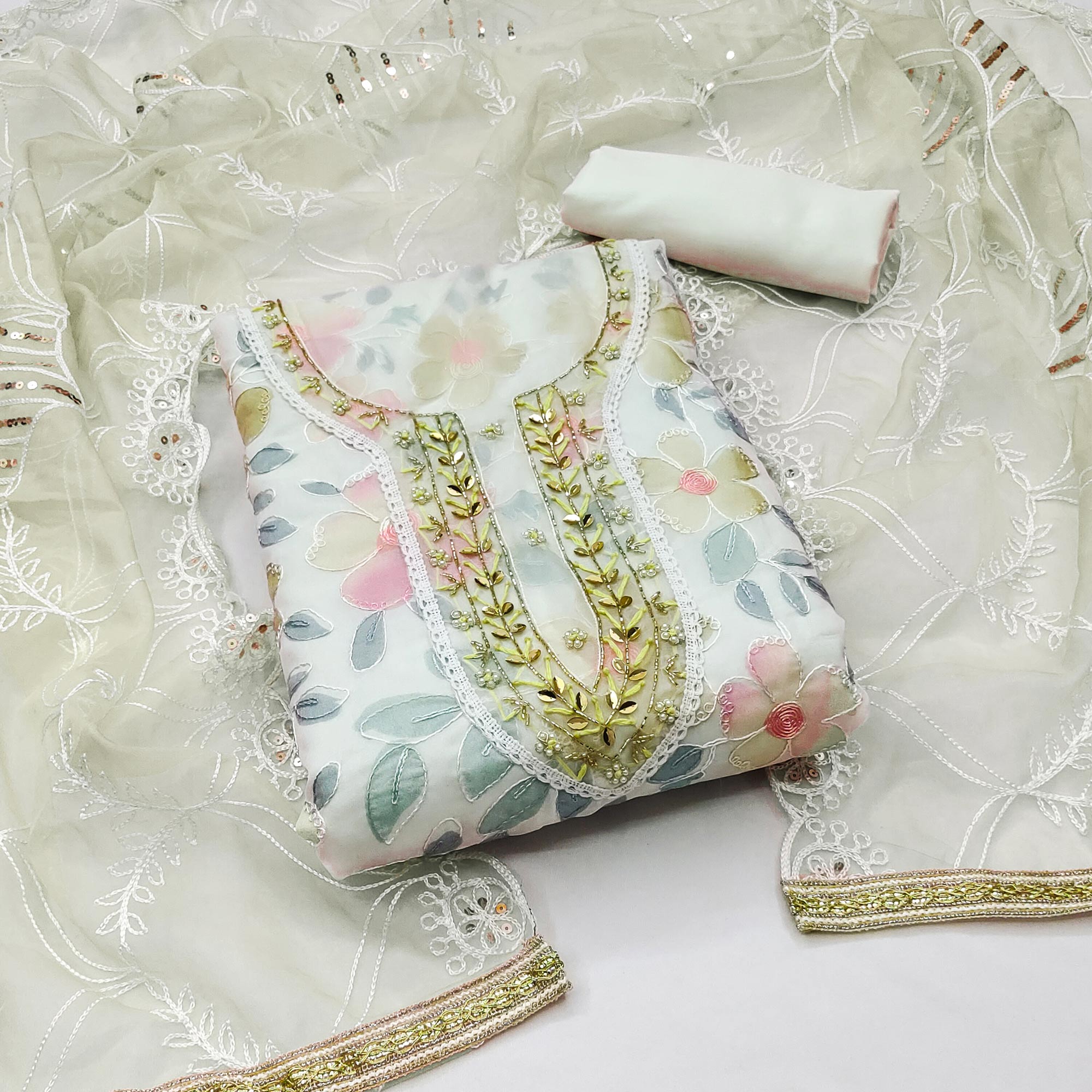 Peachmode Cream Printed With Handwork Organza Dress Material
