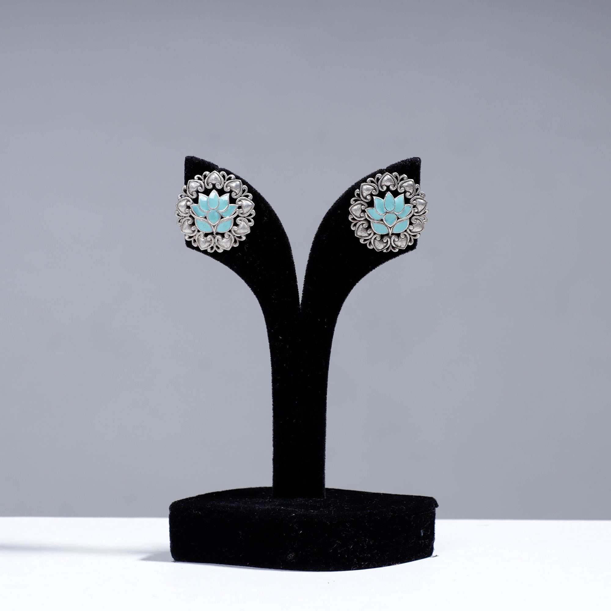 WHITE RIVER STORIES Antique Silver Finish Oxidised Brass Base Enamel Work Stud Earrings