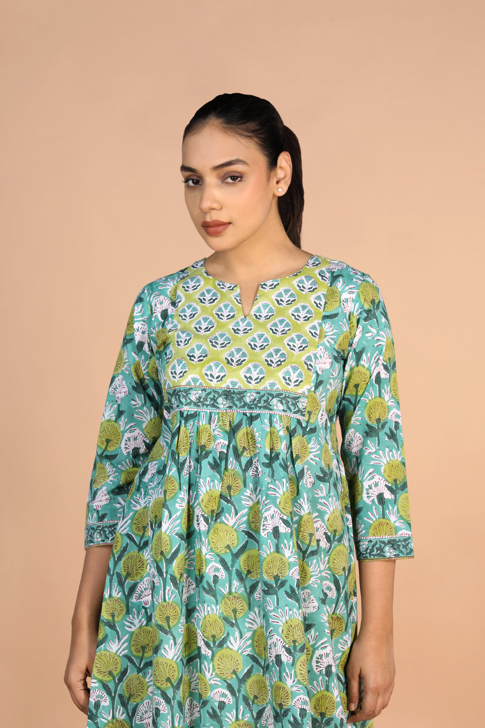 Kalanjali Ethnics Floral Aqua blue Sanganeri handblock printed cotton Kurti - view 8