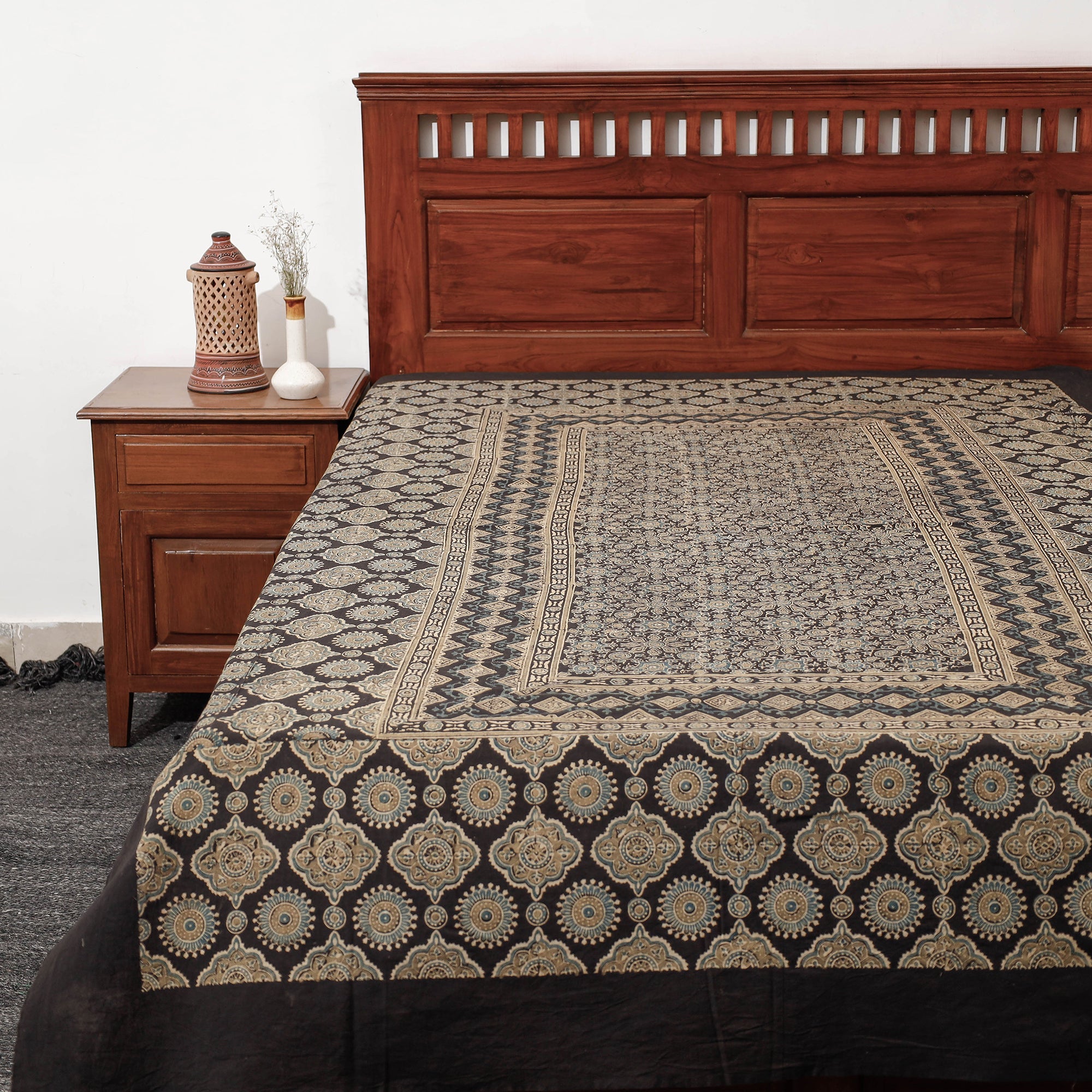 KACHCHH JI CHHAAP Brown - Ajrakh Block Printed Cotton Single Bed Cover (90 x 60 in)