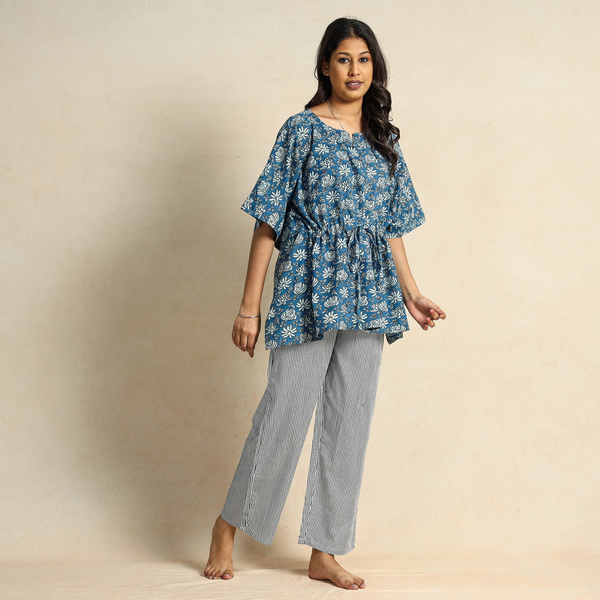 CHUTNEY CRAFT STUDIO Blue - Hand Block Printed Cotton Kaftan & Pyjama Night Suit Set - view 2