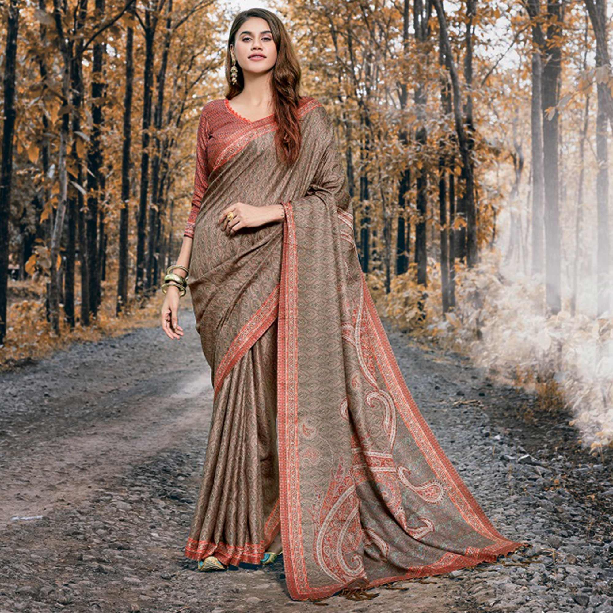 Peachmode Elegant Brown Colored Festive Wear Printed Art Silk Saree