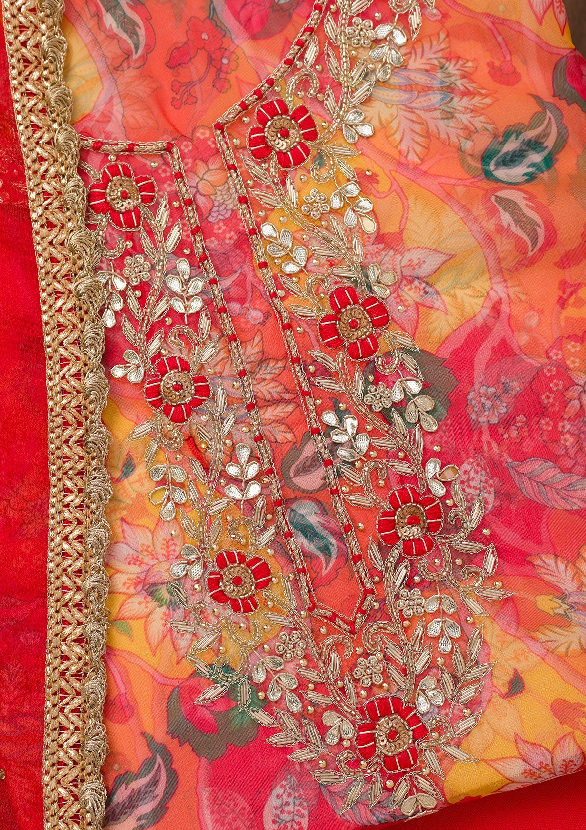 Koskii Yellow Zariwork Organza Unstitched Salwar Suit - view 2