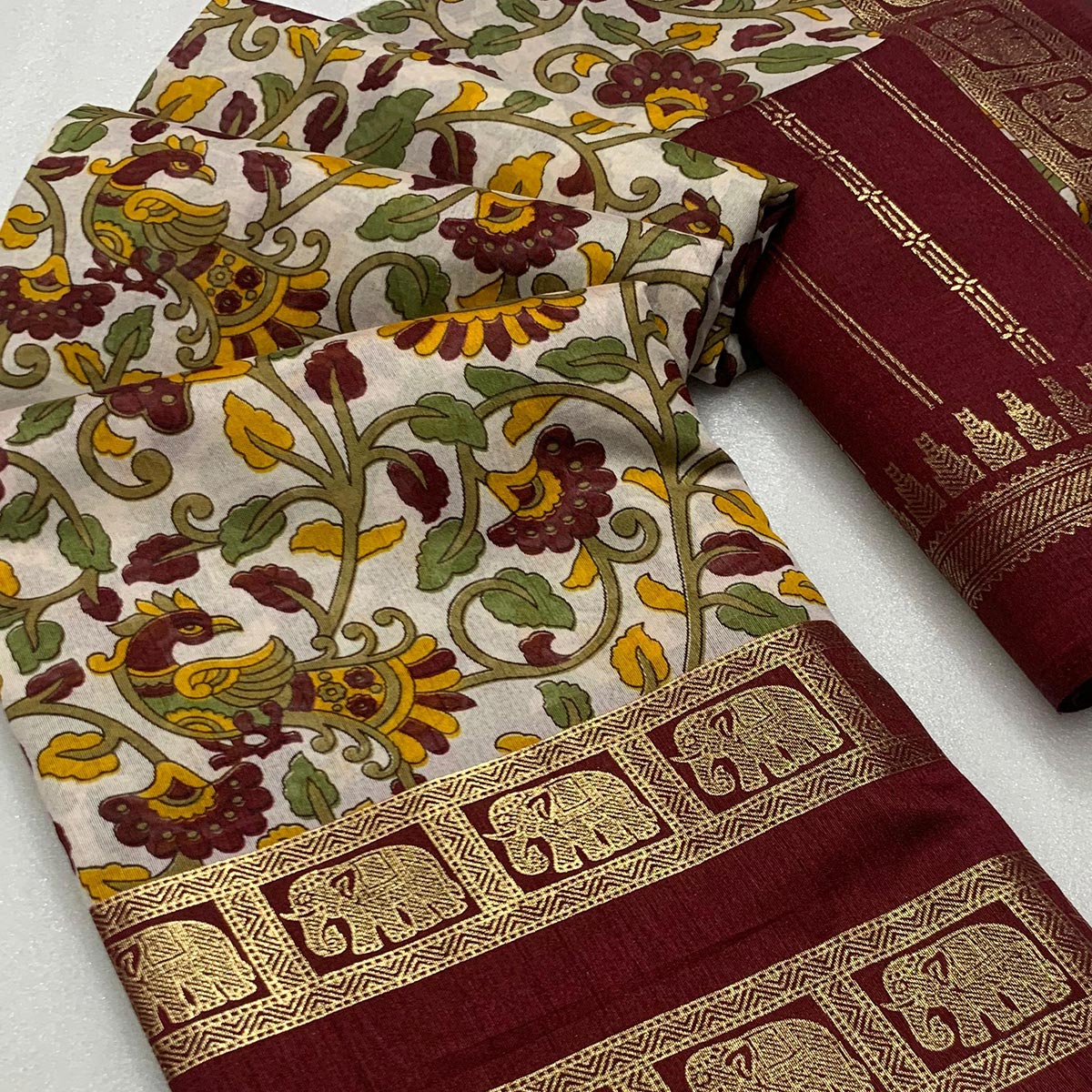 Peachmode Maroon Kalamkari Printed Dola Silk Saree - view 2