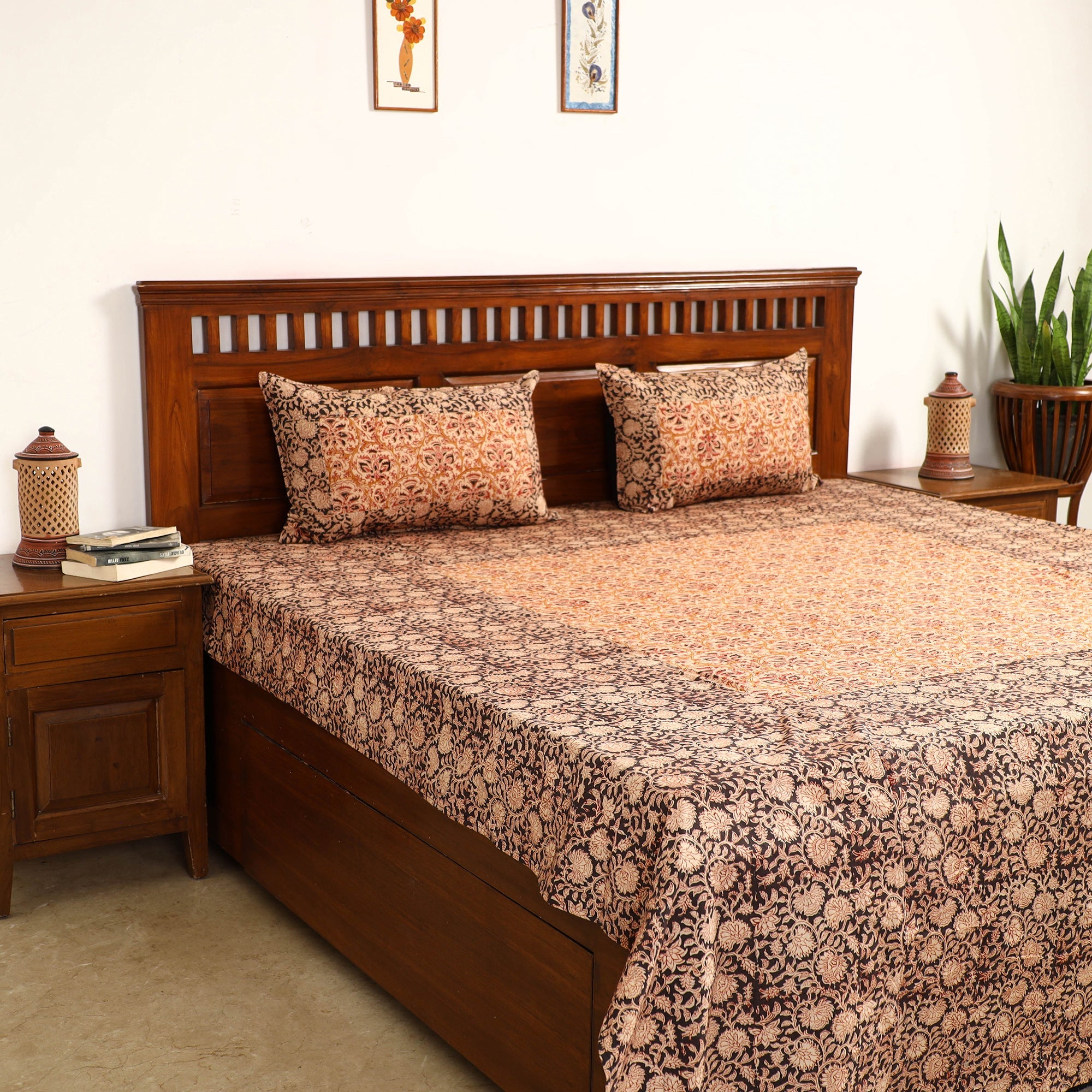 NOORI BAZAR Brown - Kalamkari Block Printed Patchwork Cotton Double Bed Cover With Pillow Covers (108 x 90 in)