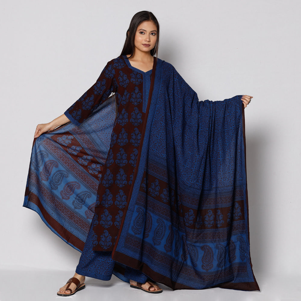 ITOKRI CASUALS Blue - Bagh Block Printing Cotton Kurta with Palazzo & Dupatta Set