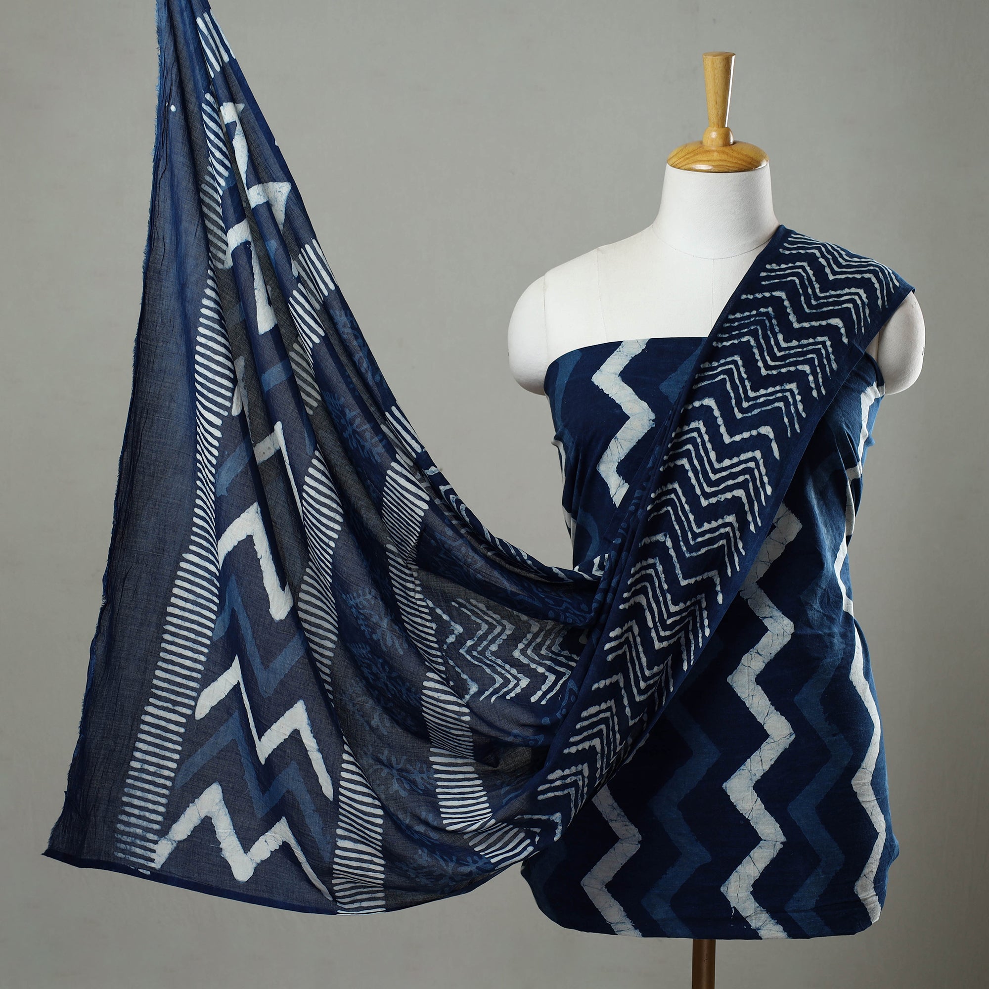 ARTISAN HAND BLOCK PRINTS Blue - 3pc Cotton Indigo Bagru Print Dress Material Set 09