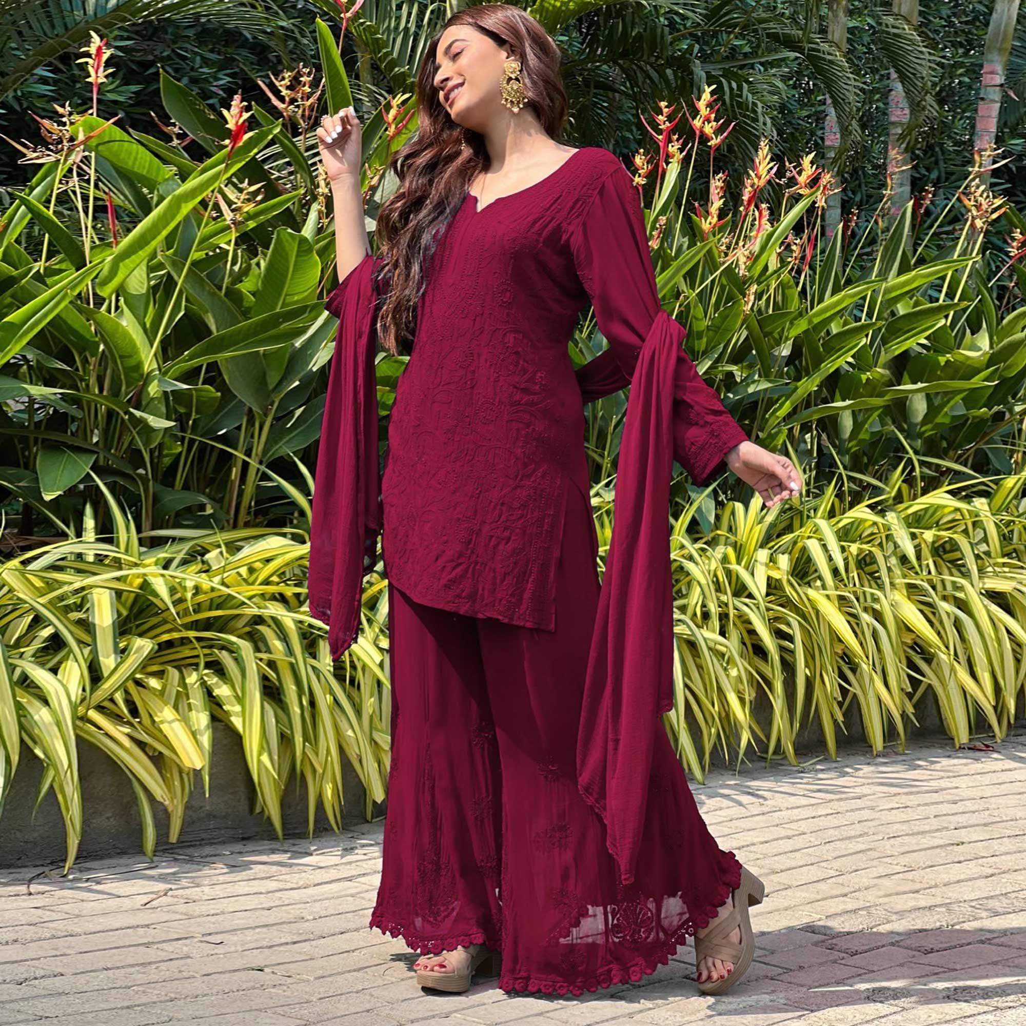 Peachmode Seller Maroon Floral Lucknowi Embroidered Georgette Sharara Suit - view 2