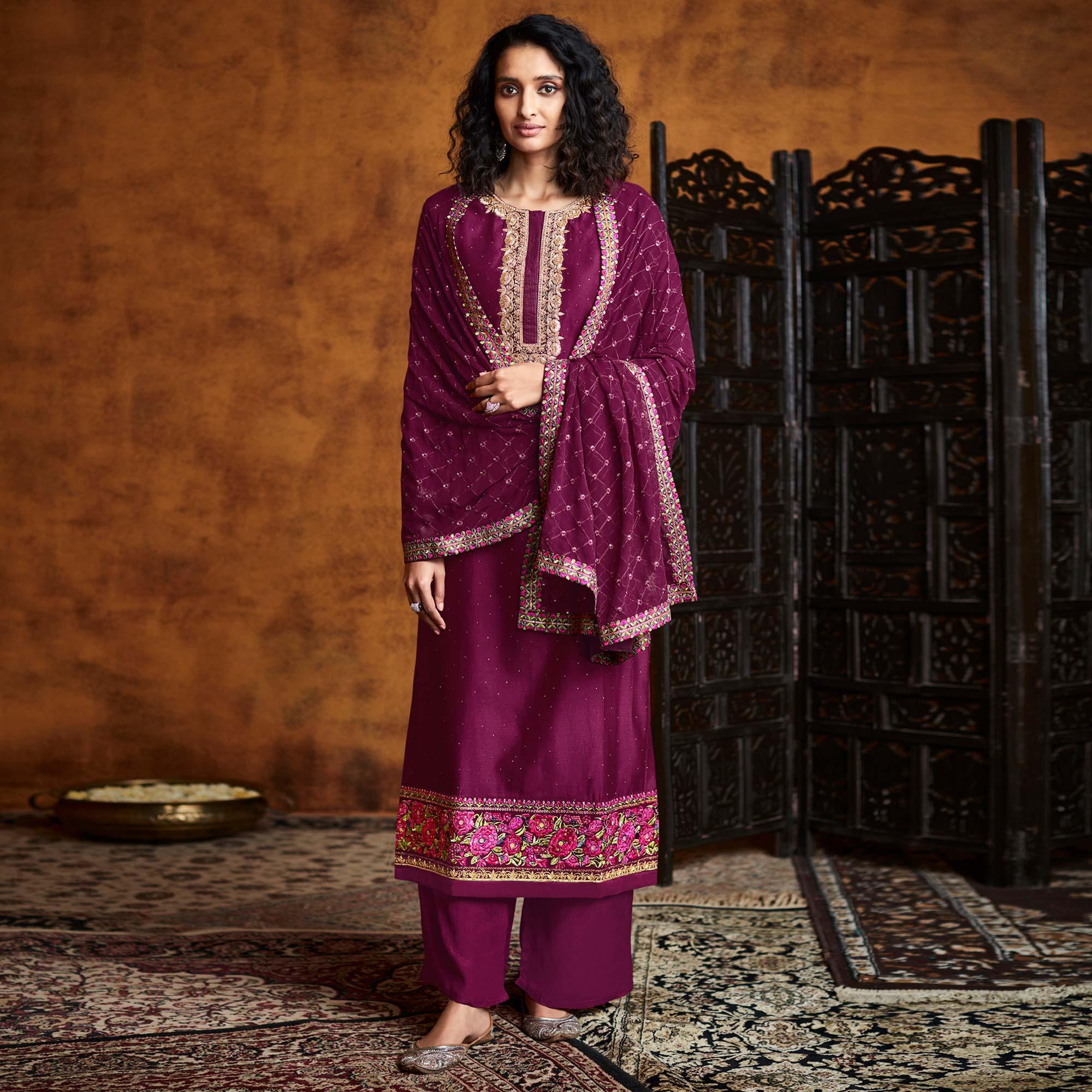 Peachmode Magenta Sequins Embroidered Georgette Partywear Suit