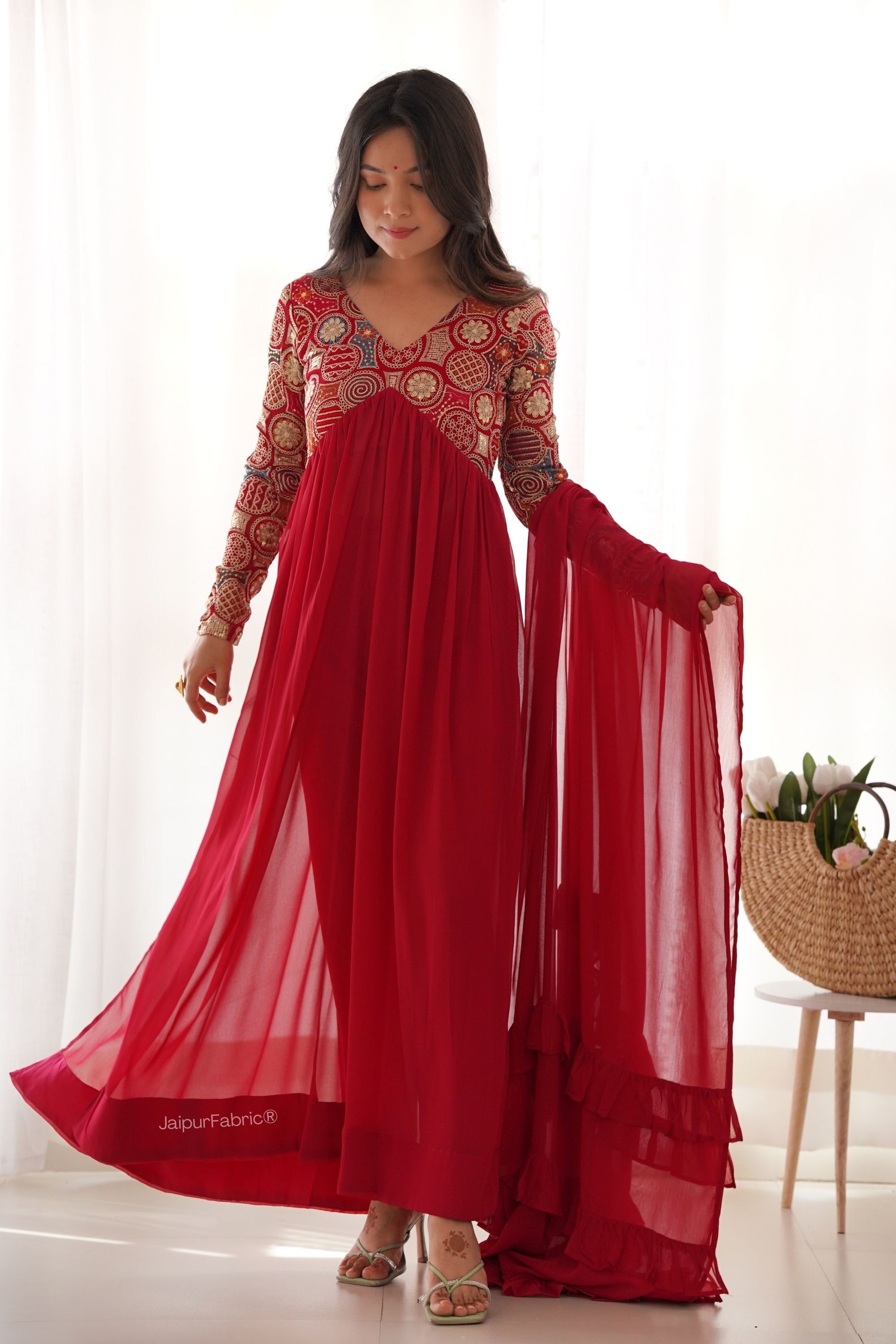 JaipurFabric® Red Embroidered Anarkali Suit Set - view 3