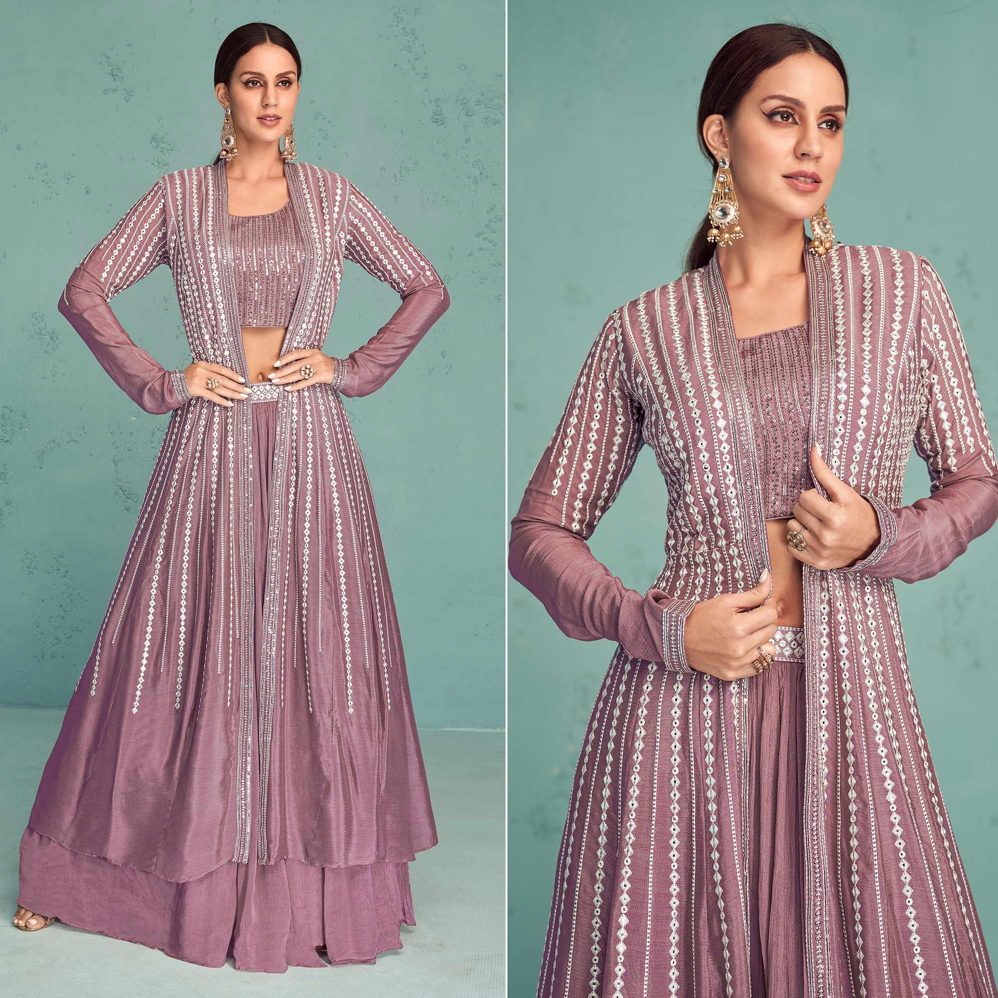 Peachmode Seller Mauve Embroidered Georgette Lehenga Choli With Jacket