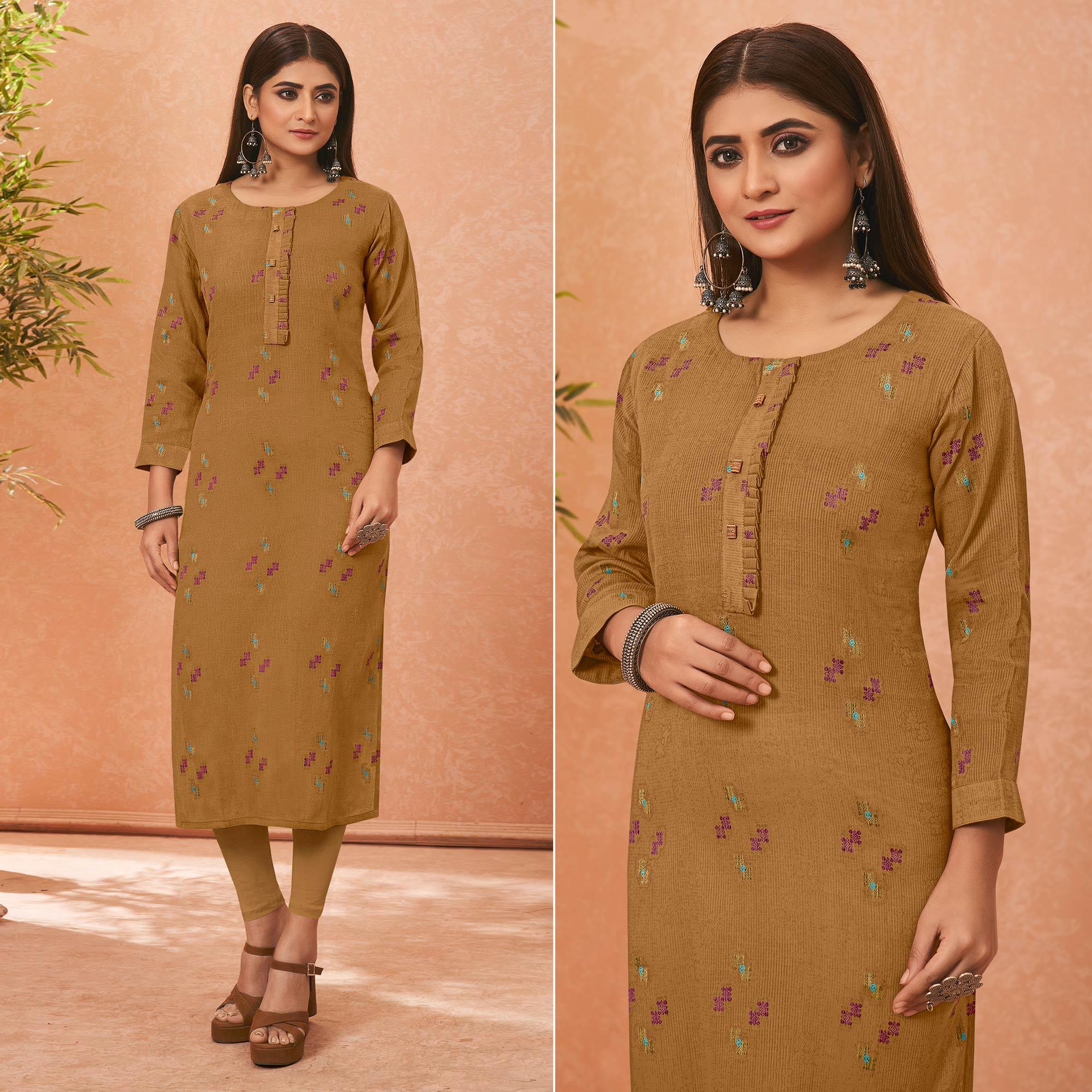 Peachmode Brown Embroidered Pure Cotton Kurti
