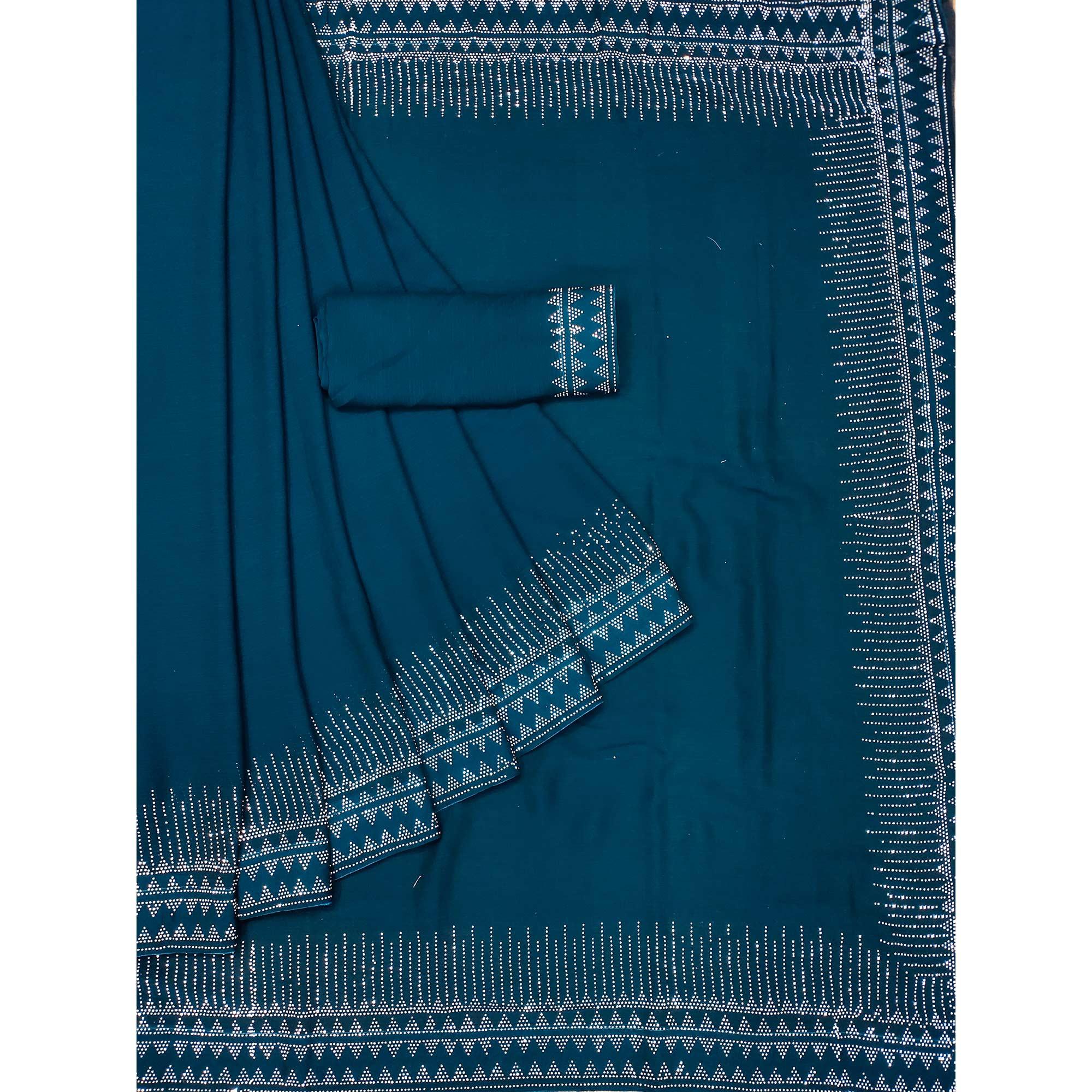 Peachmode Blue Solid With Sequins Work Chiffon Saree - view 3
