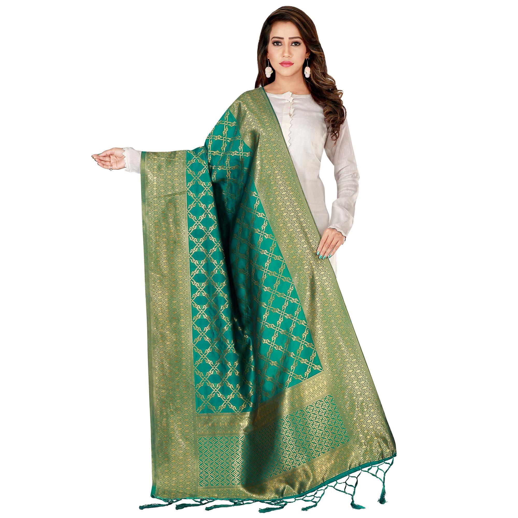 Peachmode Seller Eye-catching Green Colored Festive Wear Banarasi Silk Dupatta