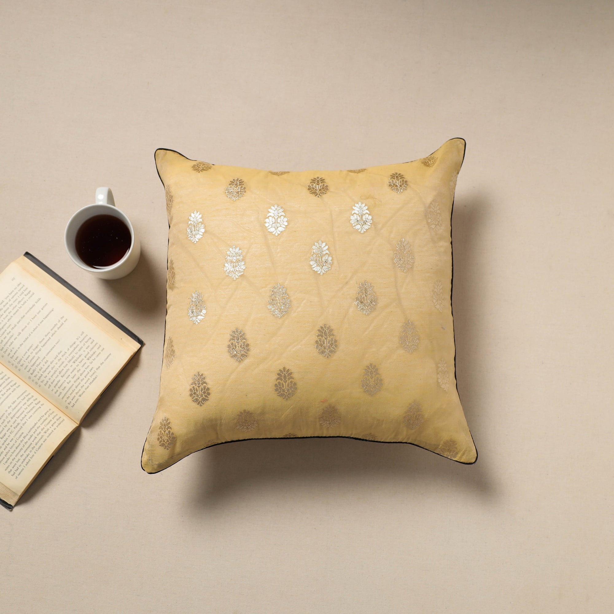 NOORI BAZAR Beige - Silk Banarasi Cushion Cover with Zari Work 15