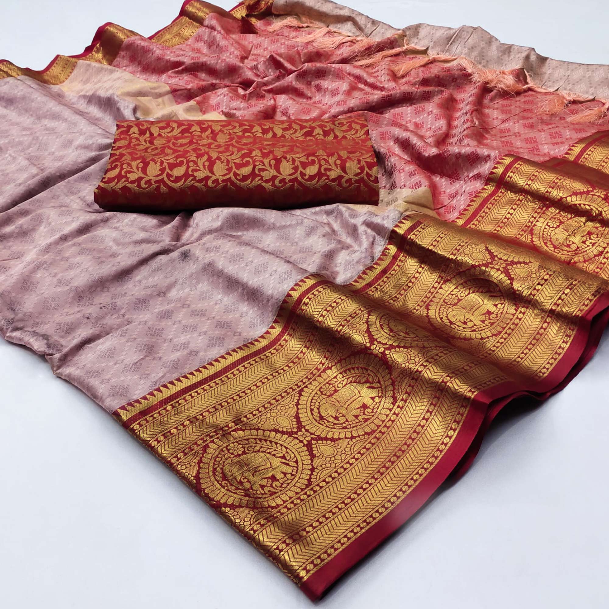 Peachmode Grey Woven Cotton Silk Saree With Tassels