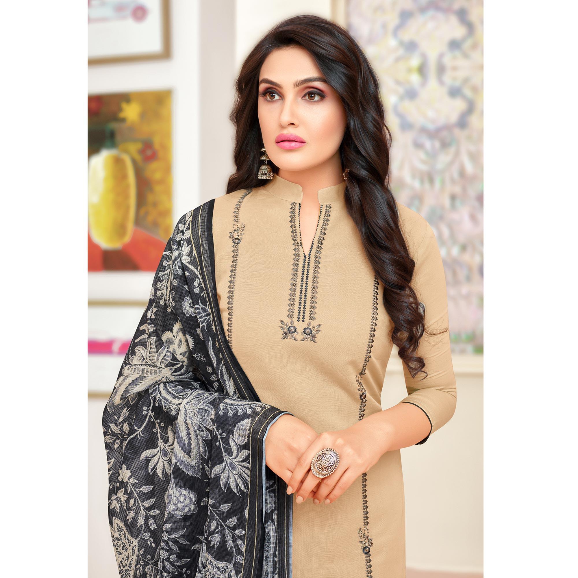 Peachmode Magnetic Beige Colored Partywear Embroidered Modal Silk Suit - view 2