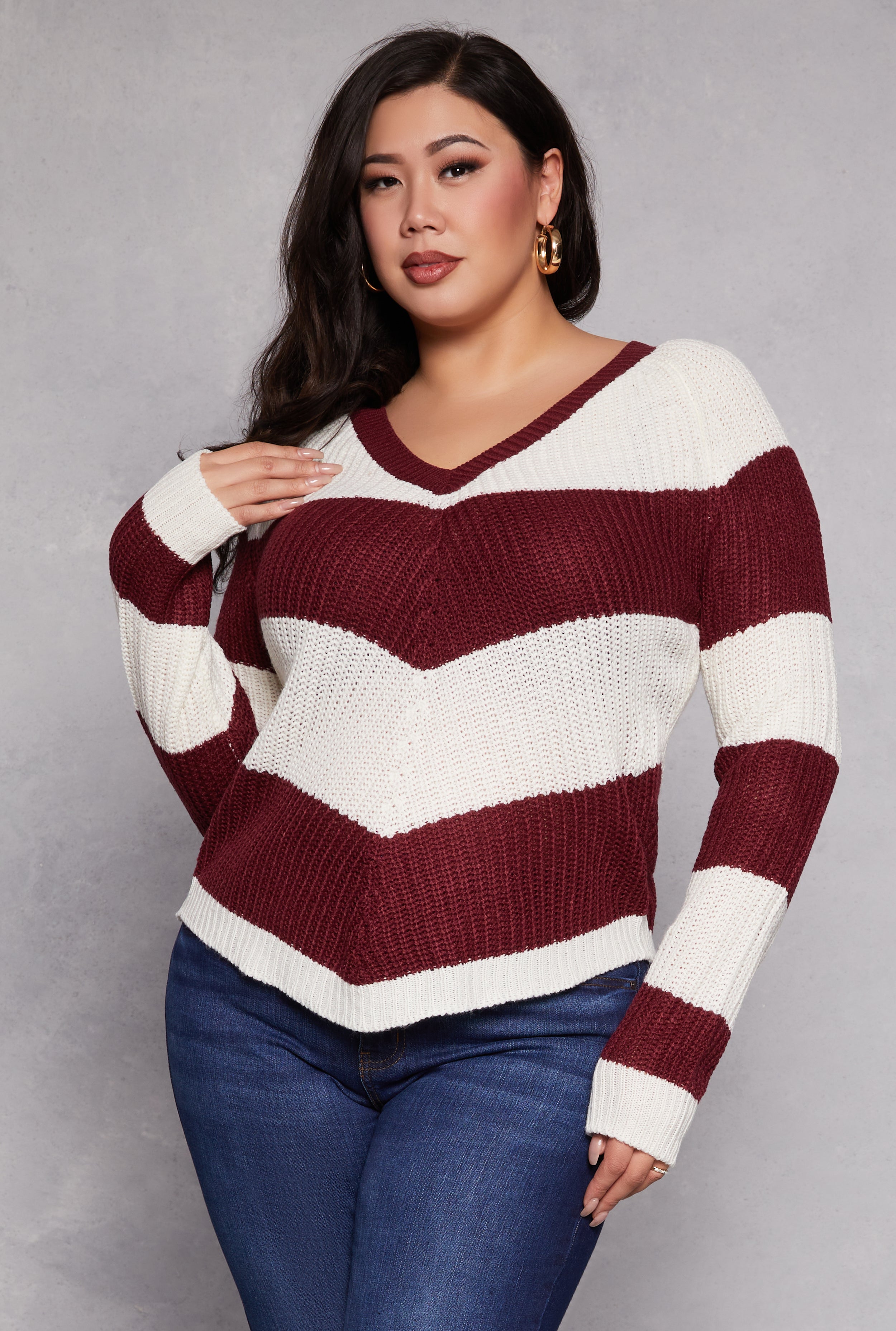 Rainbow Shops Plus Size Chevron Knit Lace Up V Neck Sweater