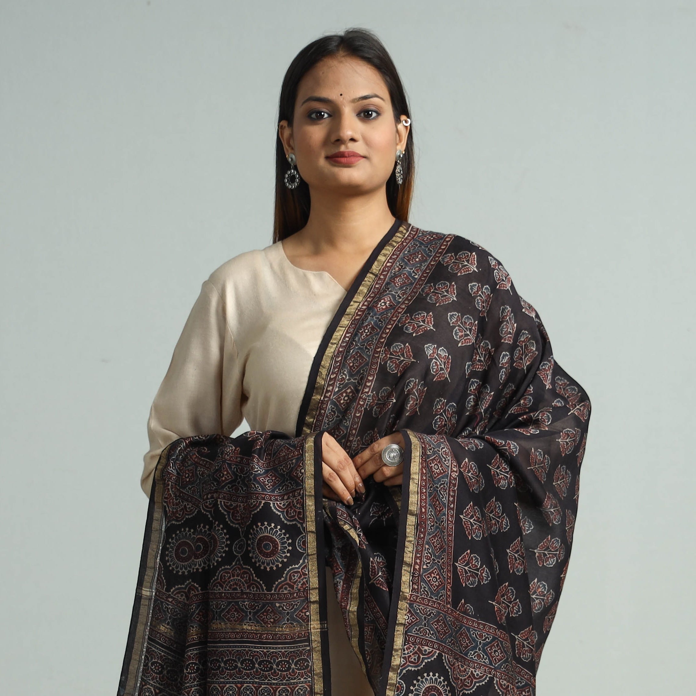 KACHCHH JI CHHAAP Black - Hand Block Print Chanderi Silk Ajrakh Dupatta 70 - view 3