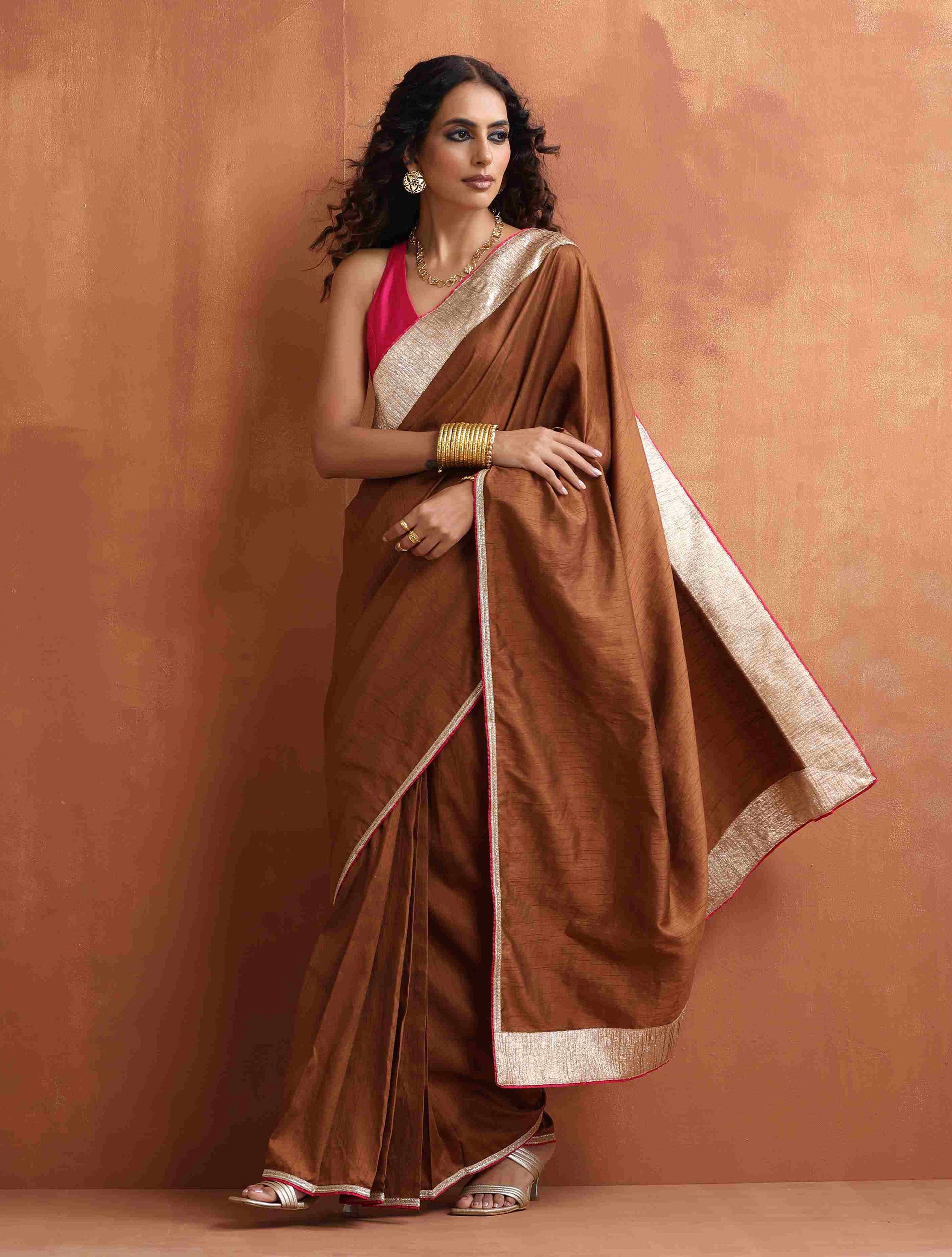 trueBrowns Brown Silk Ready To Wear Saree – Women's