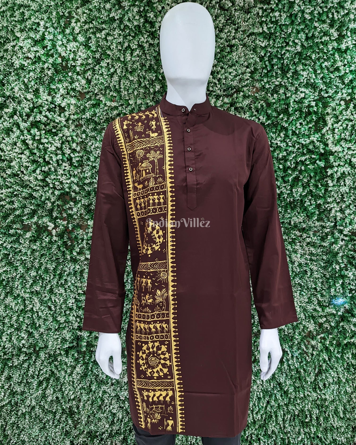 IndianVillèz Coffee Tribal Saura Theme Hand-Painted Pattachitra Kurta