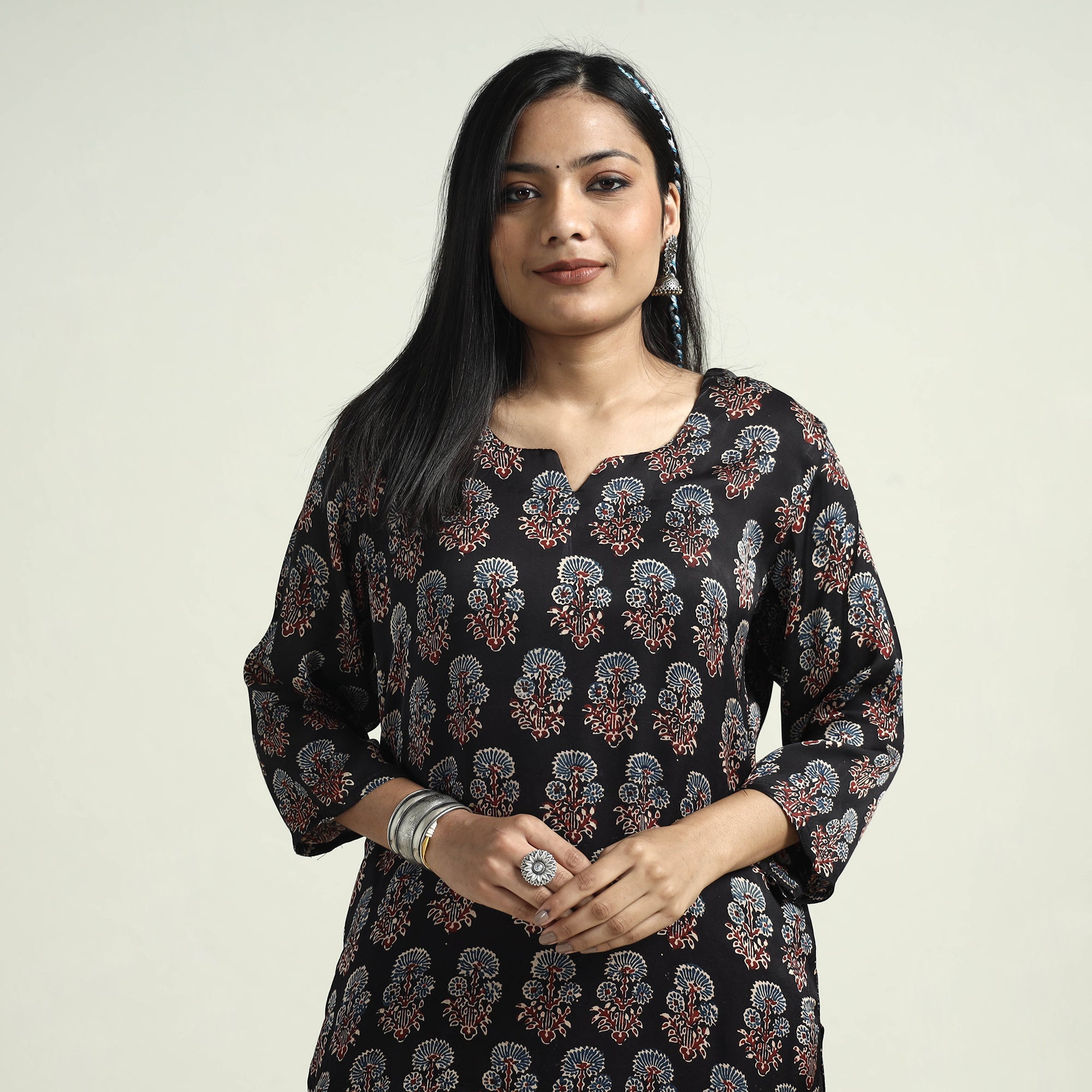 ITOKRI CASUALS Black - Ajrakh Block Printed Modal Silk Kurta with Palazzo Set - view 2