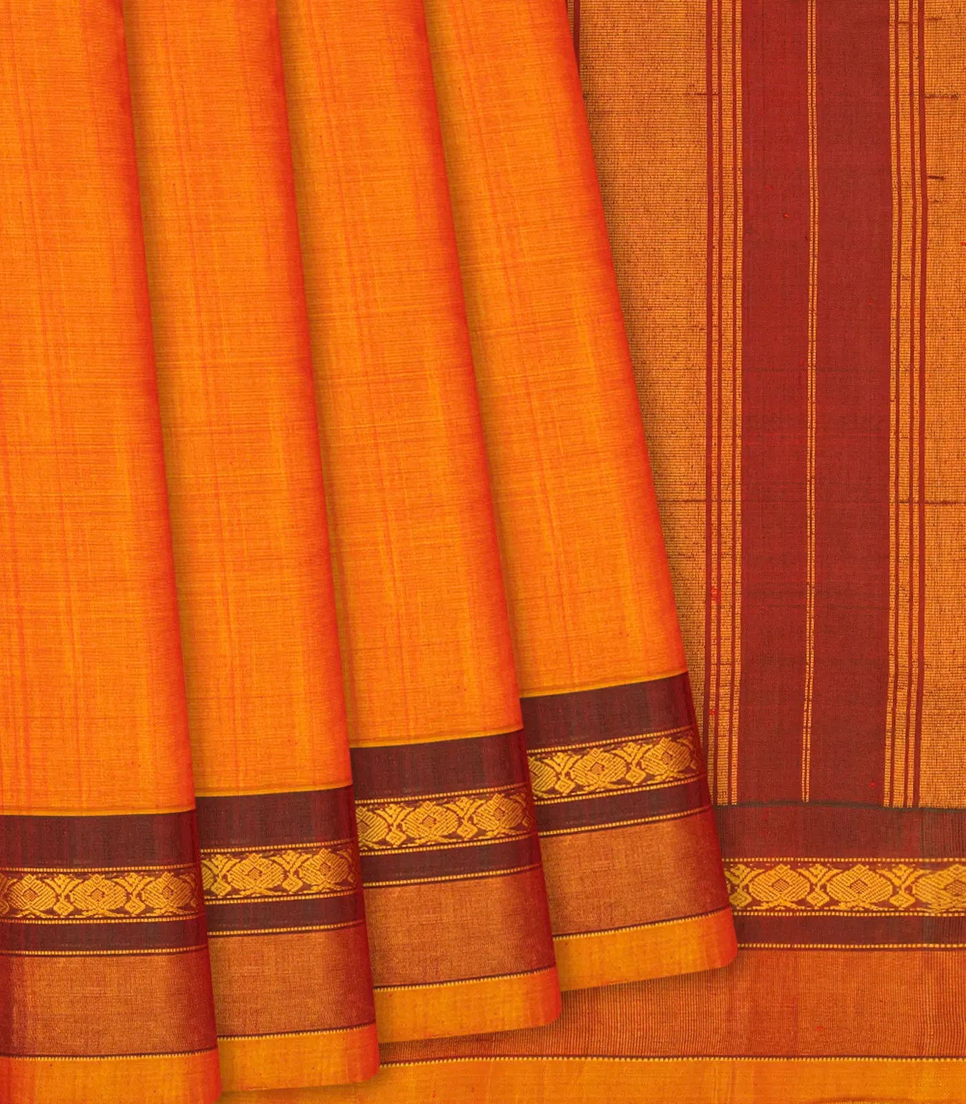 RmKV Orange Handloom Gadwal Cotton Saree With Flower Bud Motifs-Orange