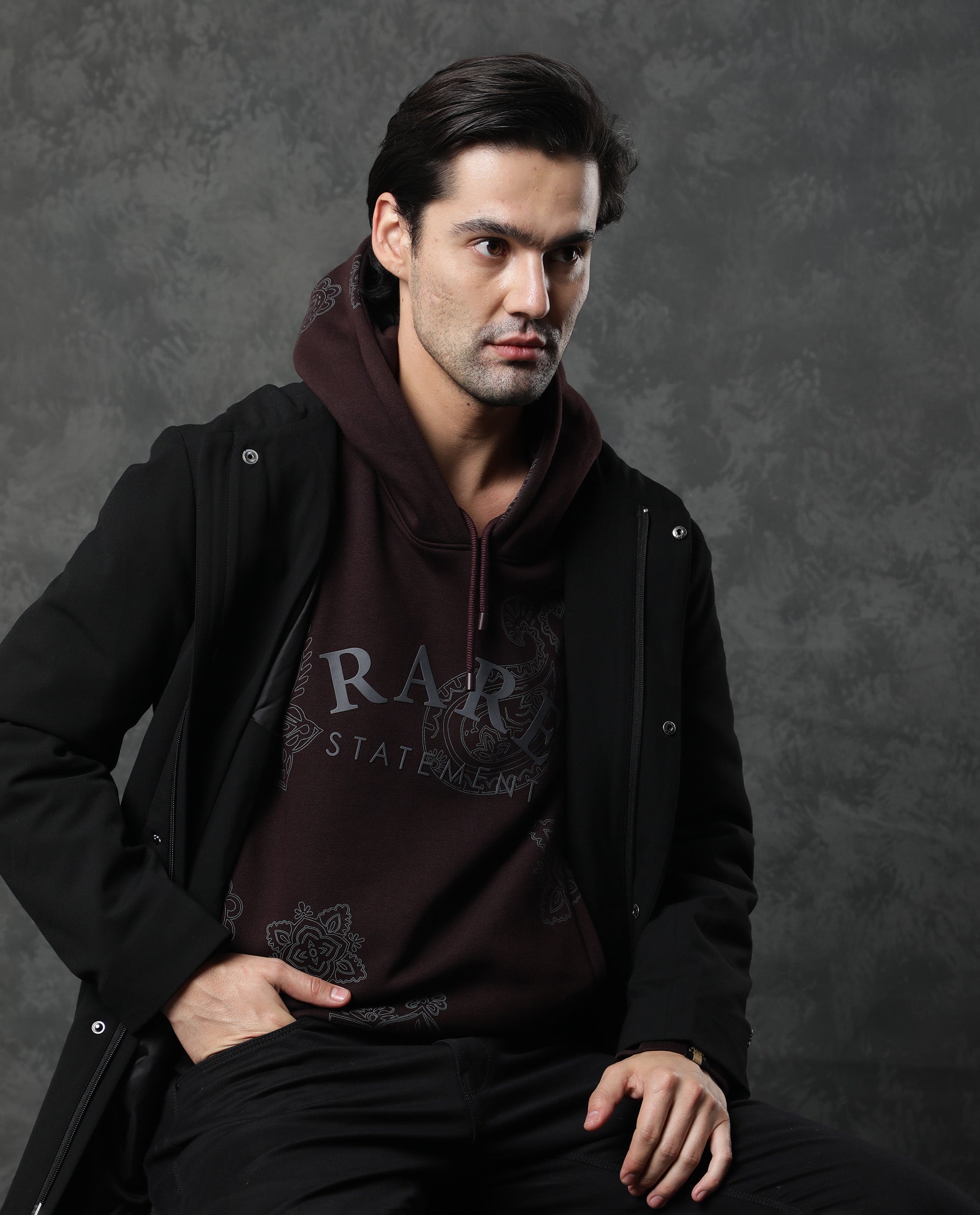 Rare Rabbit Men'S Helio Maroon Sweatshirt Cotton Polyester Fabric Hooded Neck Full Sleeves Drawstring Slim Fit - view 3