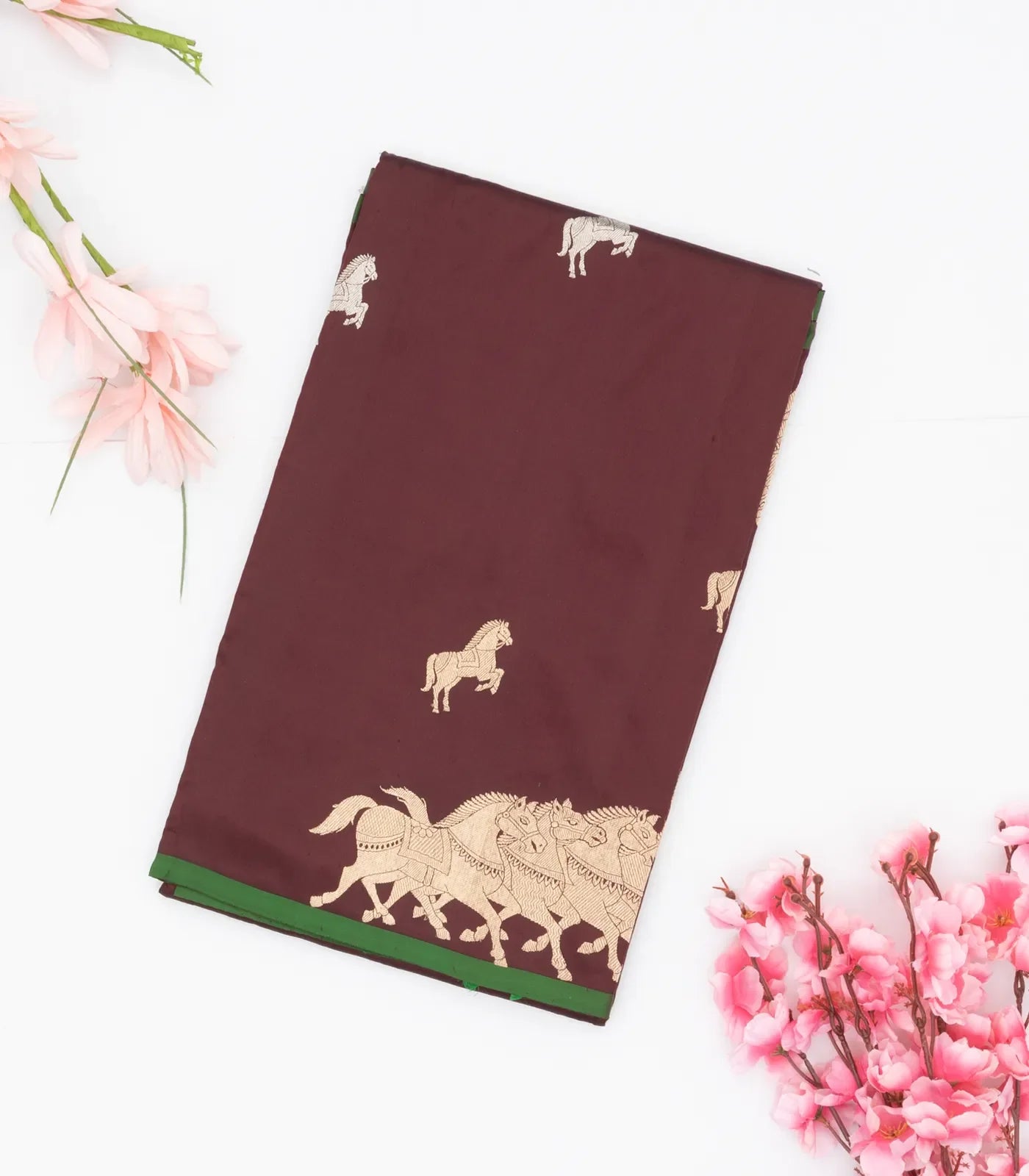 RmKV Brown Handloom Banarasi Silk Saree With Horse Buttas