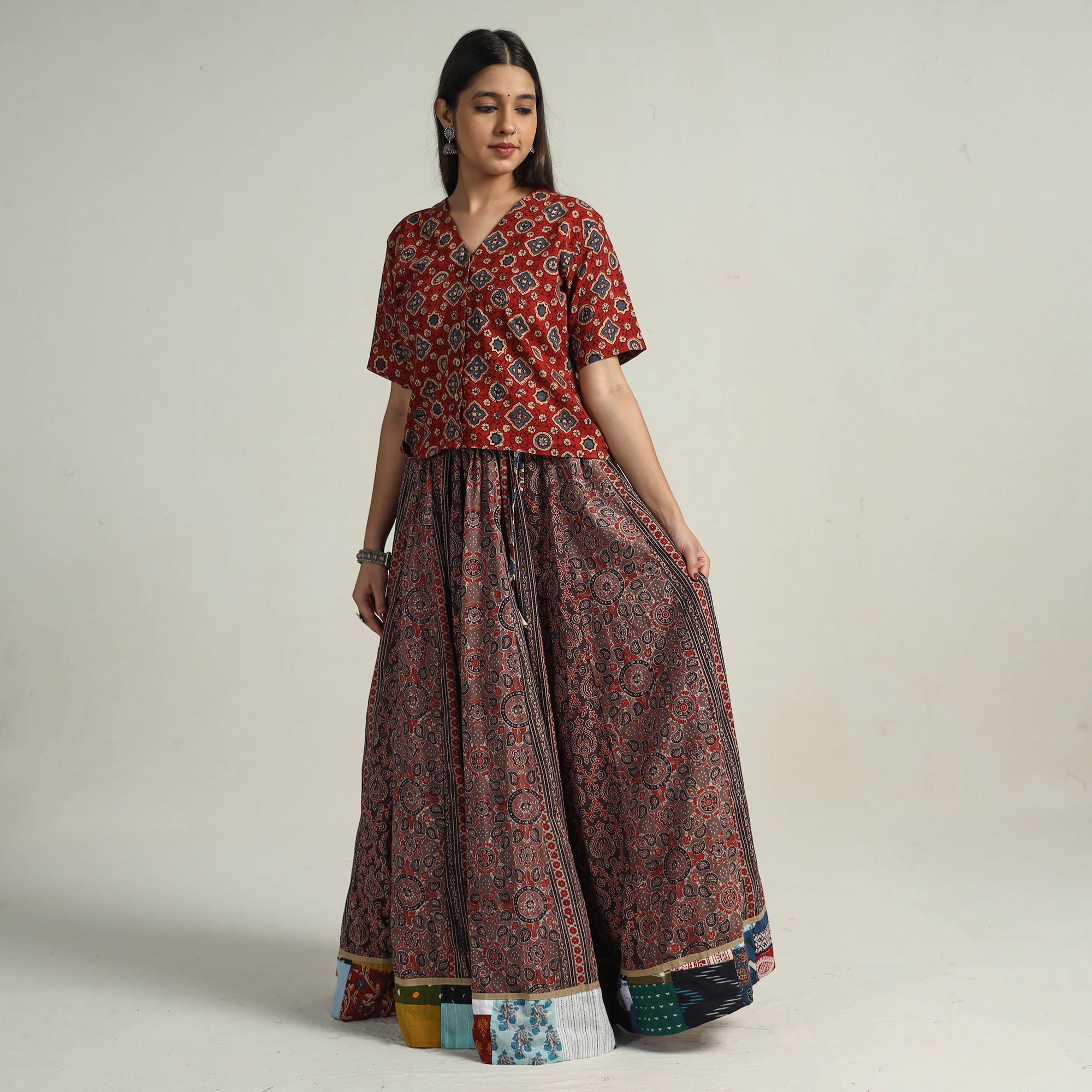 NOORI BAZAR Brown - Kutch Block Printed 24 Kali Cotton Long Skirt 40