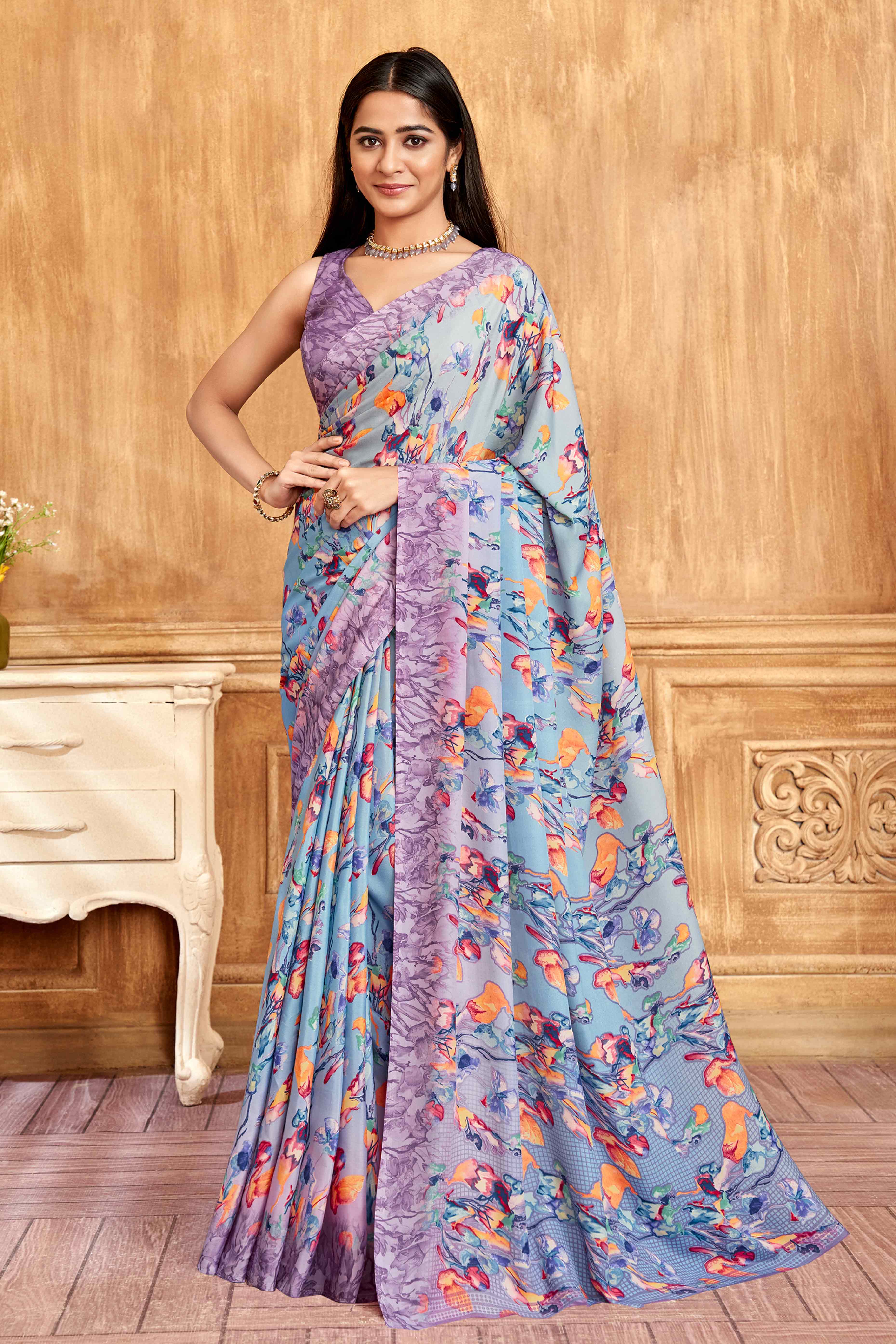 Peachmode Lavender Floral Printed Crepe Silk Saree