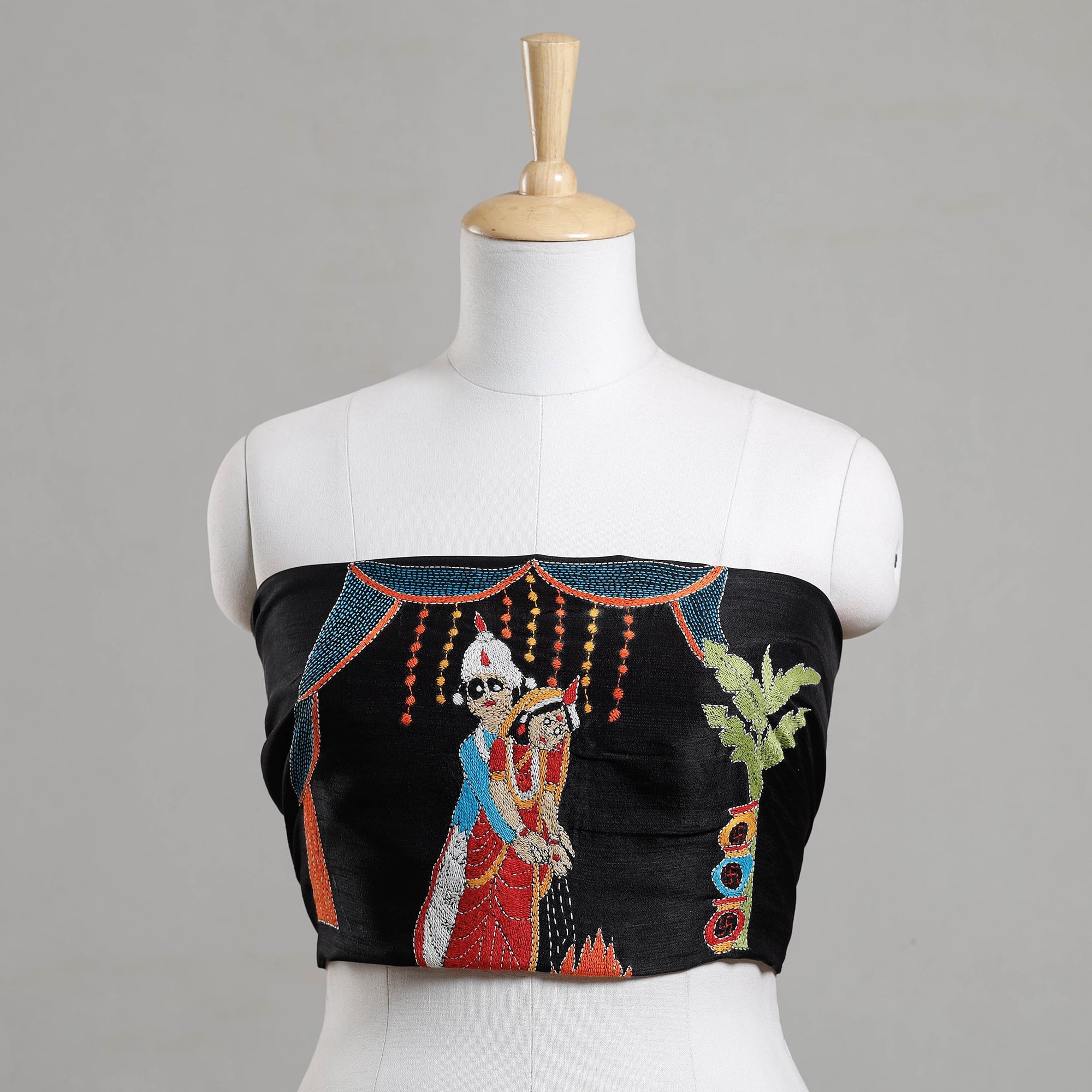 ITOKRI CRAFTS INITIATIVE Black - Bengal Kantha Embroidery Raw Silk Blouse Piece
