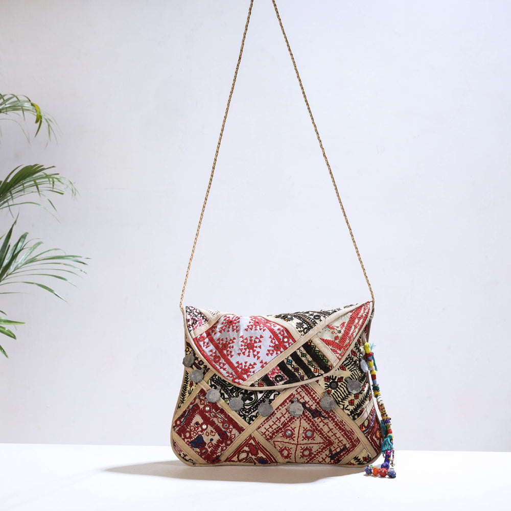 KACHCHH JI CHHAAP Beige - Banjara Vintage Embroidery Mirror & Coin Work Sling Bag