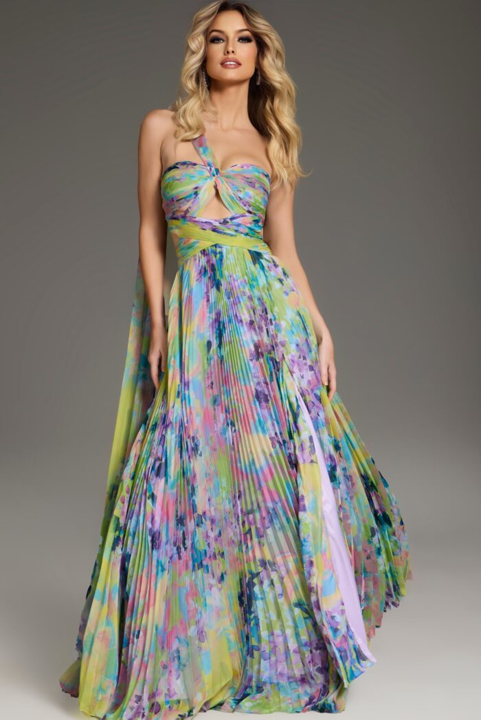 Jovani 38688 Floral Long Pleated Formal Prom Dress - view 3