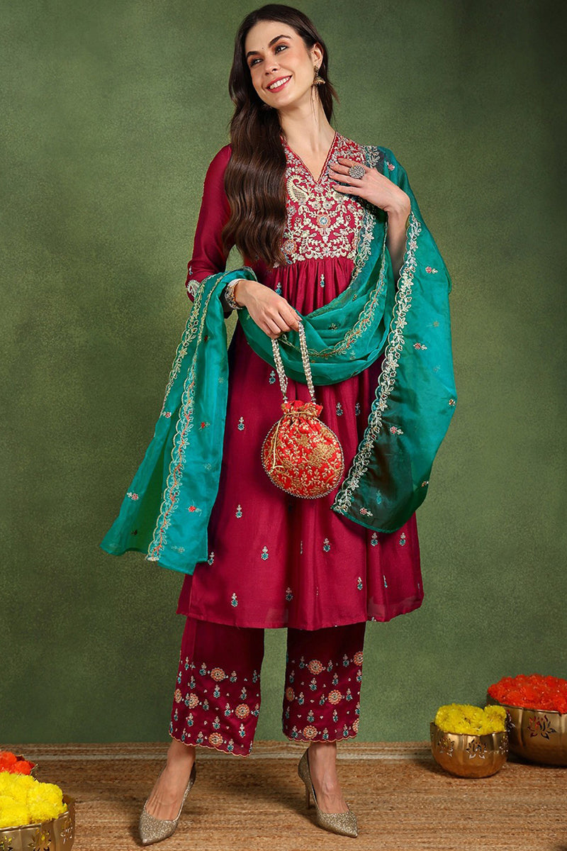 Ahika Red Silk Blend Solid Yoke Design Flared Suit Set PKSKD2158