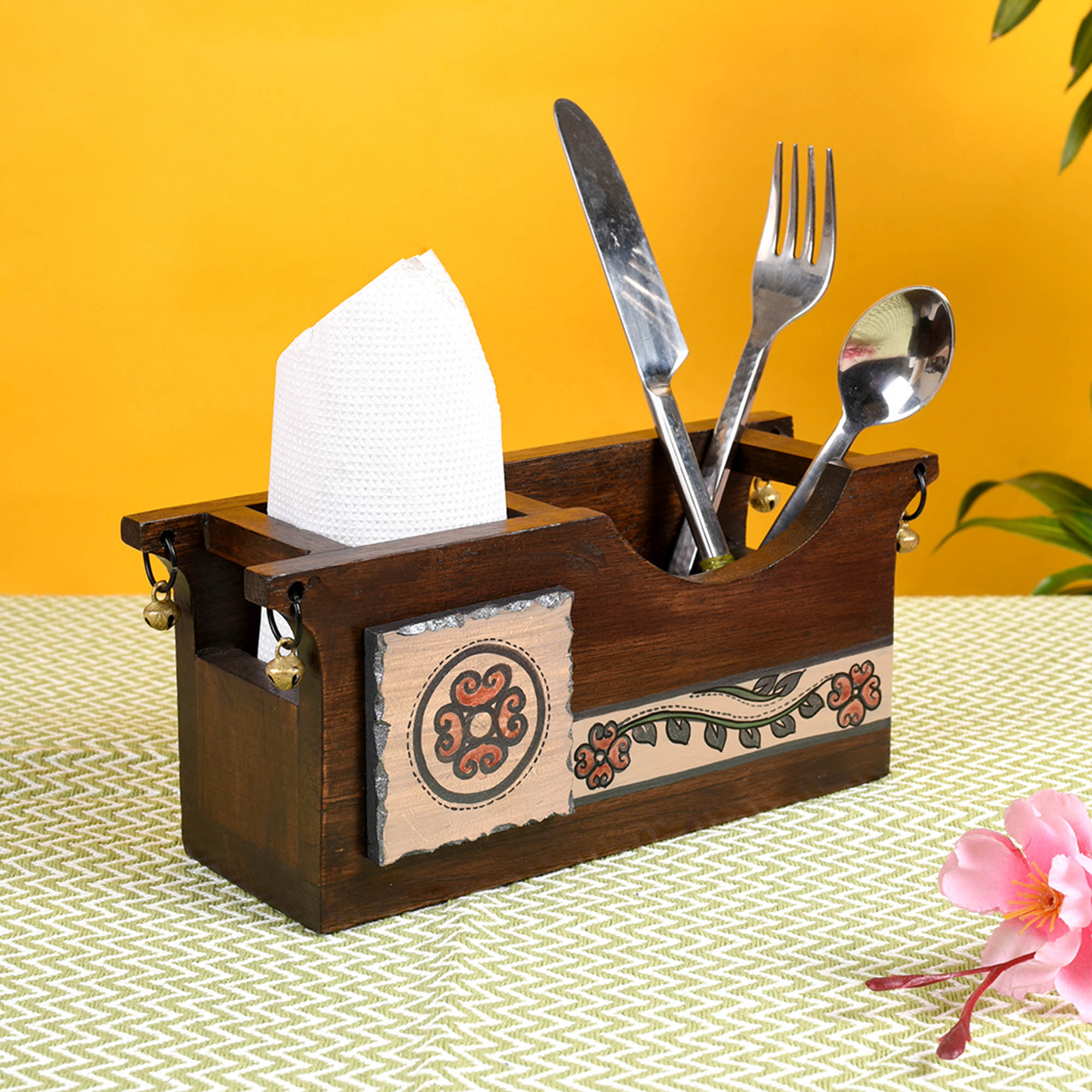 ART CREATIONS BY SUMAN SONTHALIA Brown - Cutlery Holder Handcrafted in Wood with Folk Art (9.2x3.3x4")