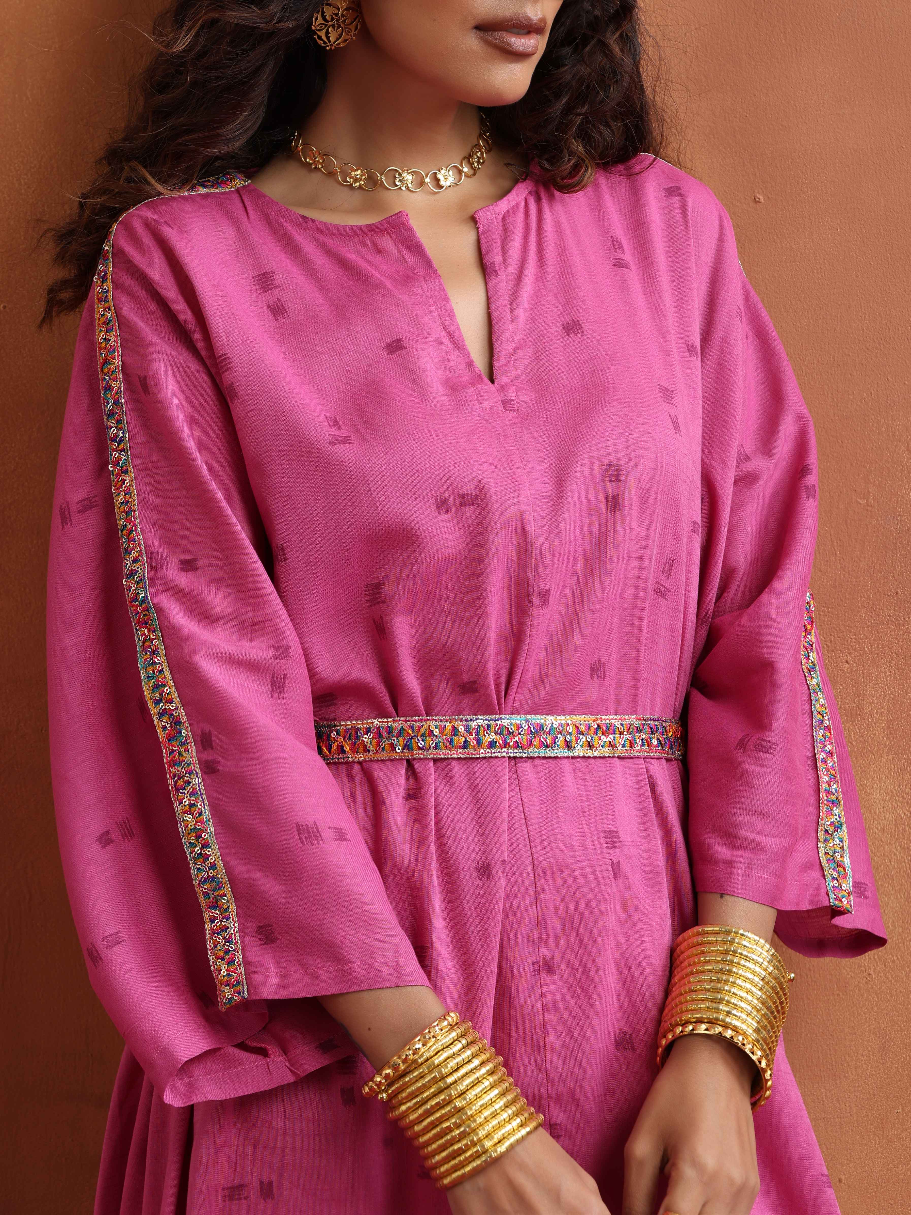 trueBrowns Pink Print Kaftan Kurta Co-ord Set - view 6