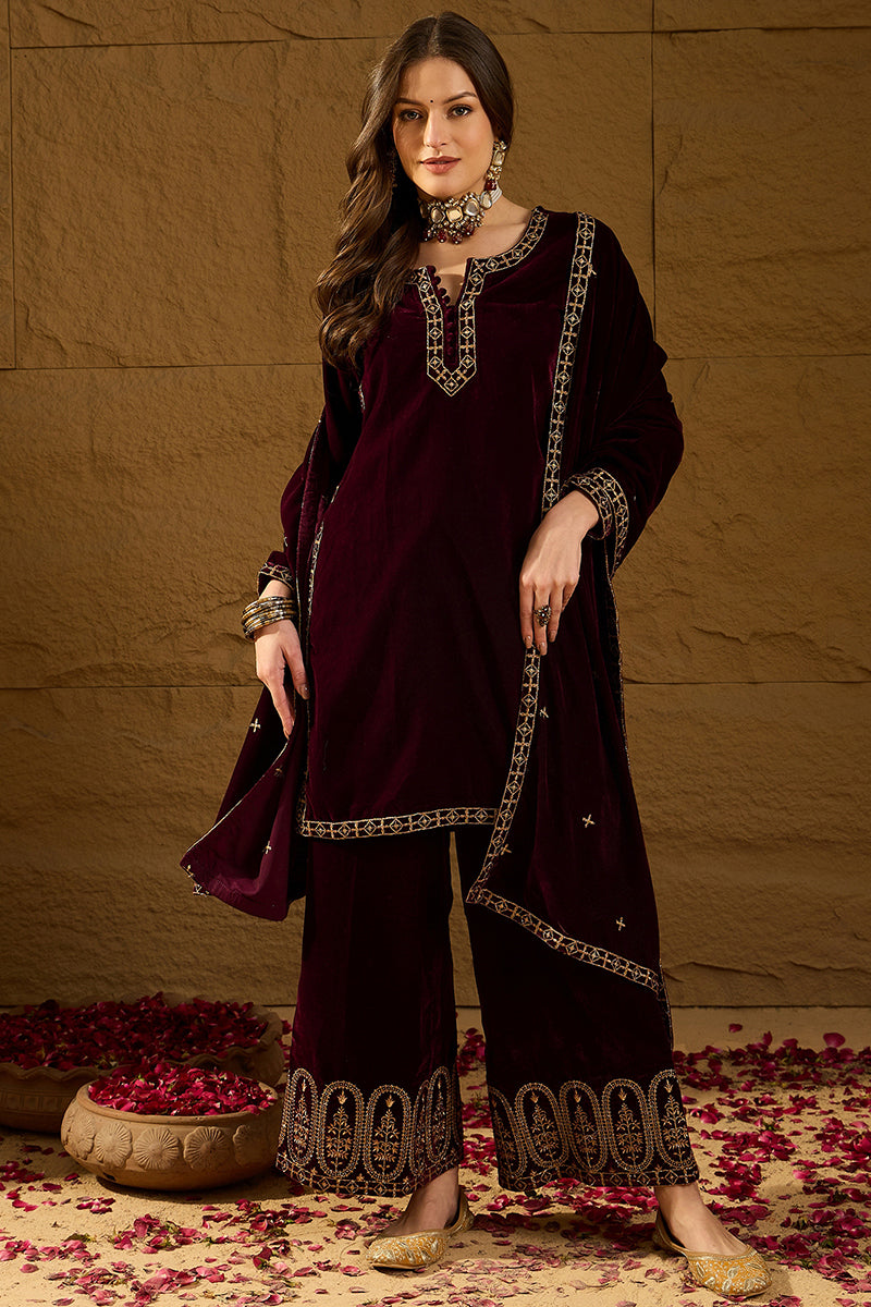 Ahika Purple Velvet Solid Embroidered Straight Palazzo Suit Set PKSKD2273