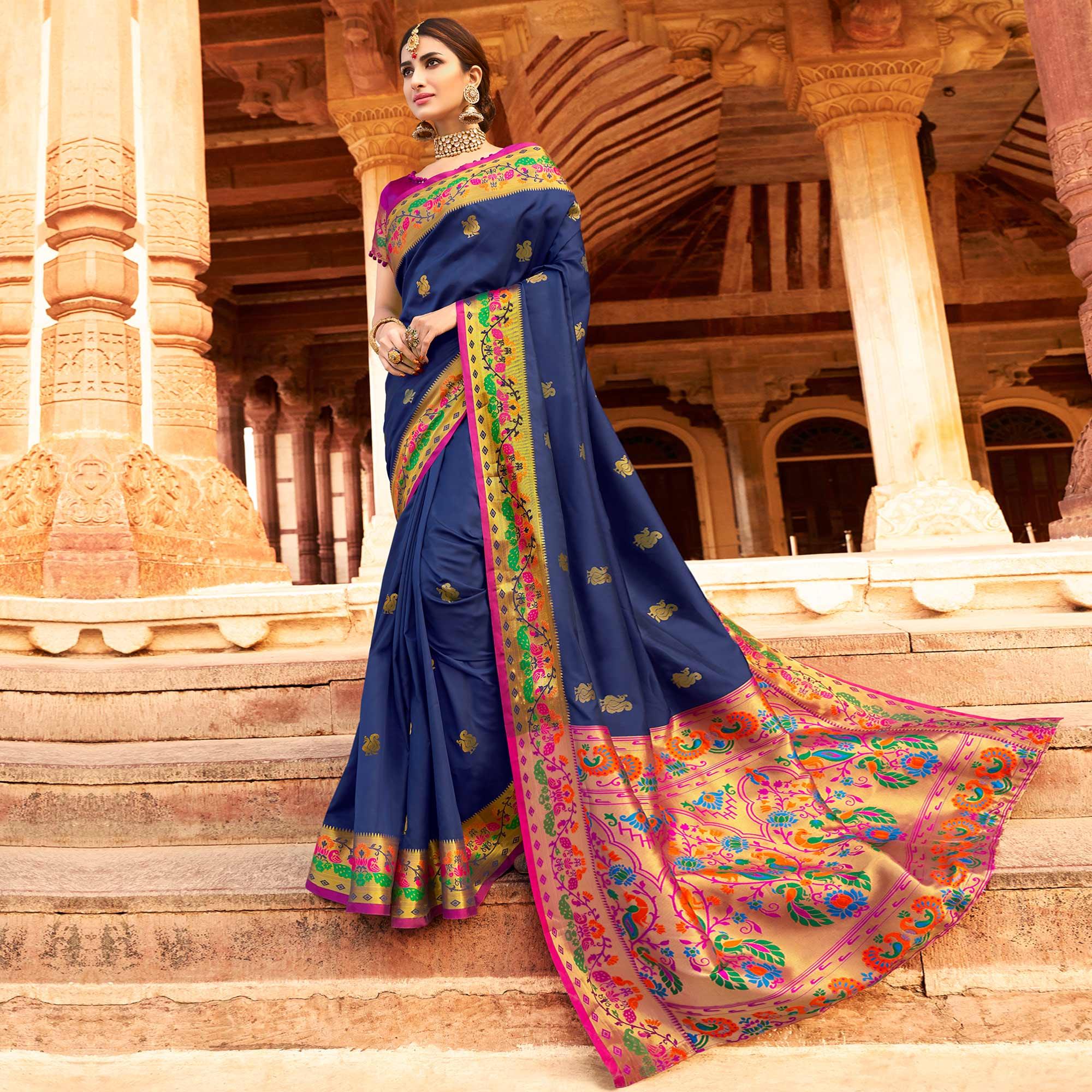 Peachmode Majesty Navy Blue Colored Festive Wear Woven Paithani Silk Saree