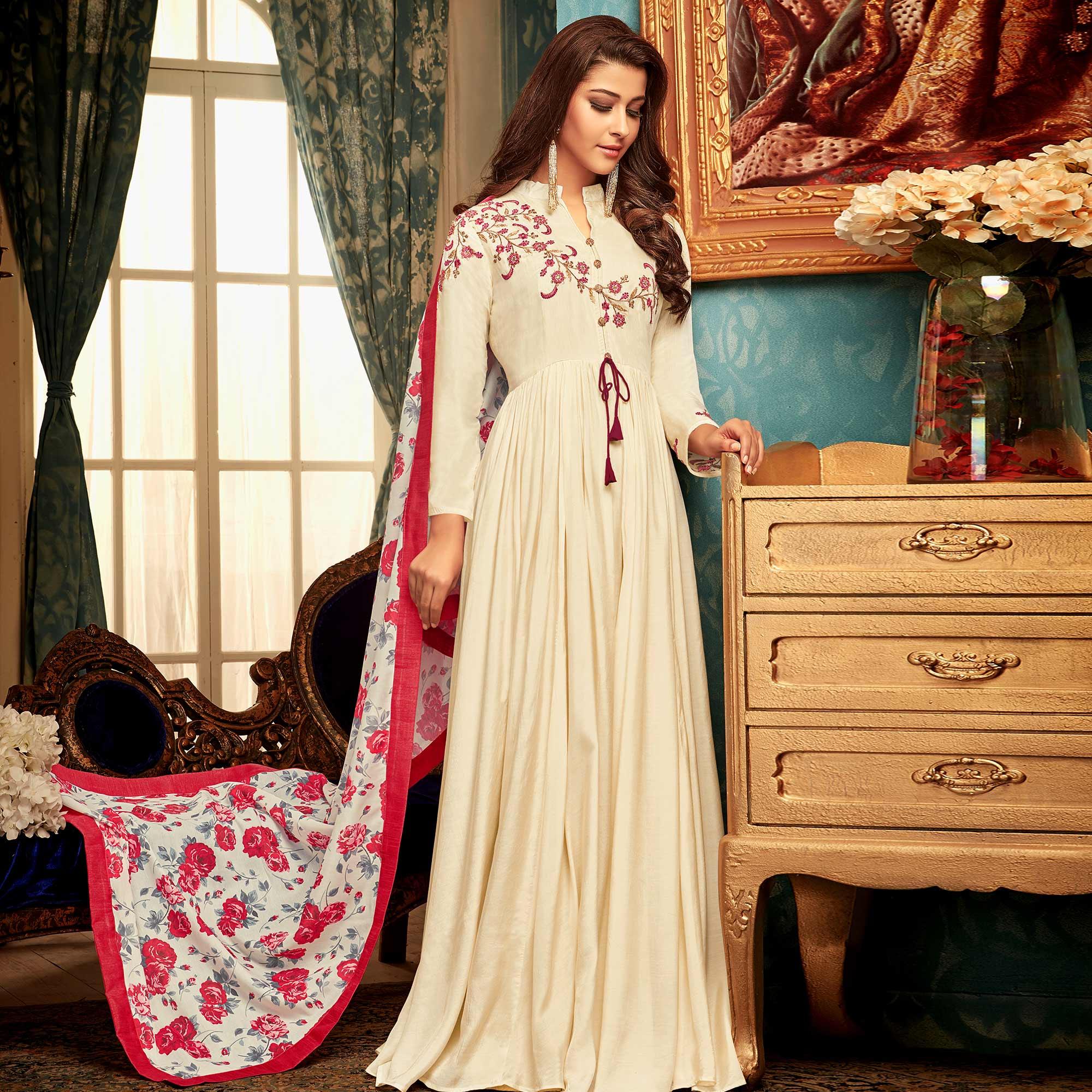 Peachmode Seller Imposing Cream Colored Partywear Embroidered Heavy Muslin Gown